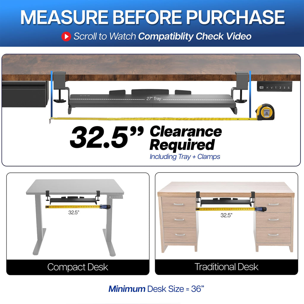 Large Keyboard Tray Under Desk Pull Out with Extra Sturdy C Clamp Mount System, 27 (33 Including Clamps) x 11 Inch Slide-Out Platform Computer Drawer for Typing, Black