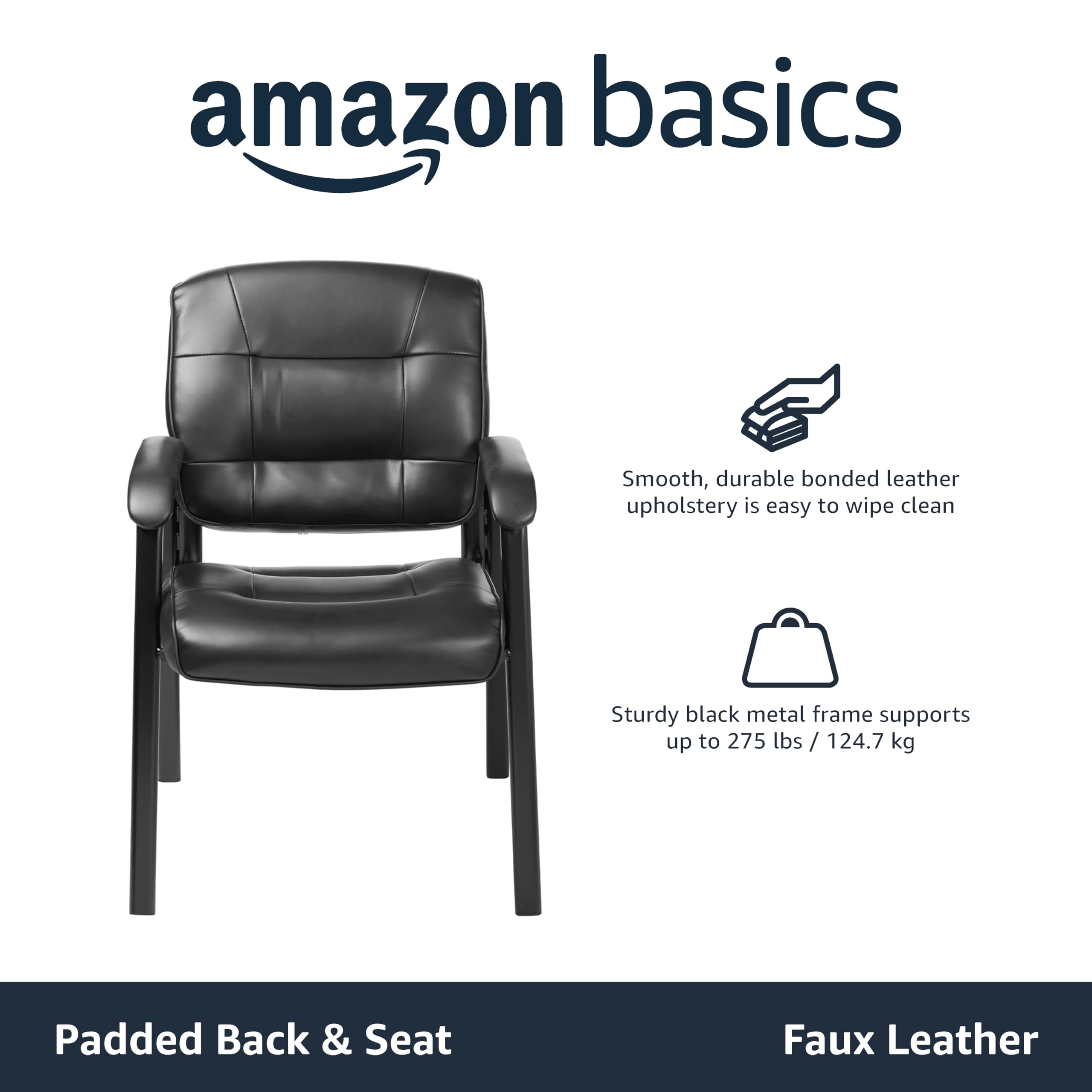 Classic Faux Leather Office Desk Chair with Armrests, Metal Frame, Black, 27.4D x 23.6W x 35.8H in