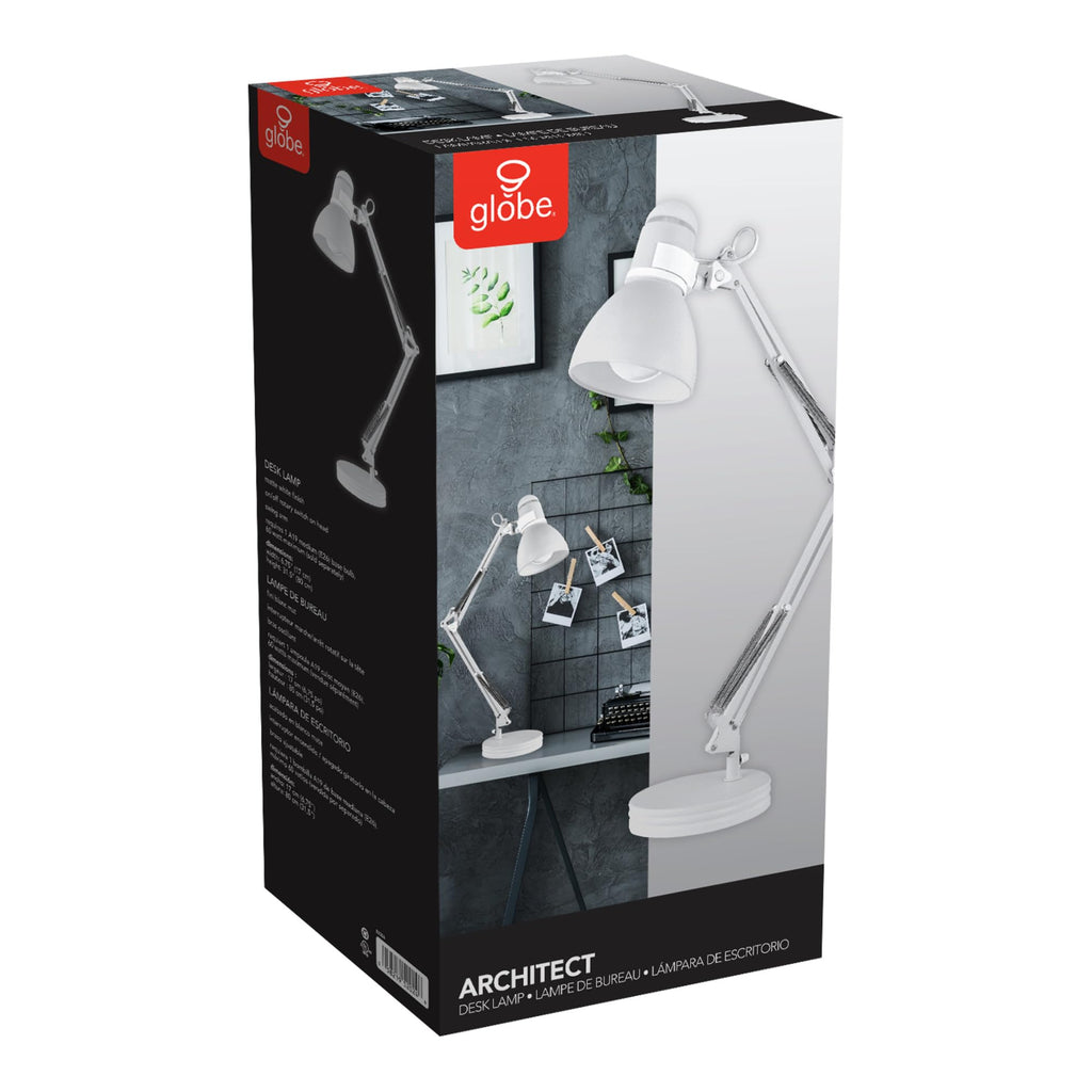 28" Swing Arm Architect Desk Lamp, Matte White, Rotary Switch on Shade, Partially Adjustable Arm, Modern Lighting for Bedroom or Office, Timeless, Indoor Lights