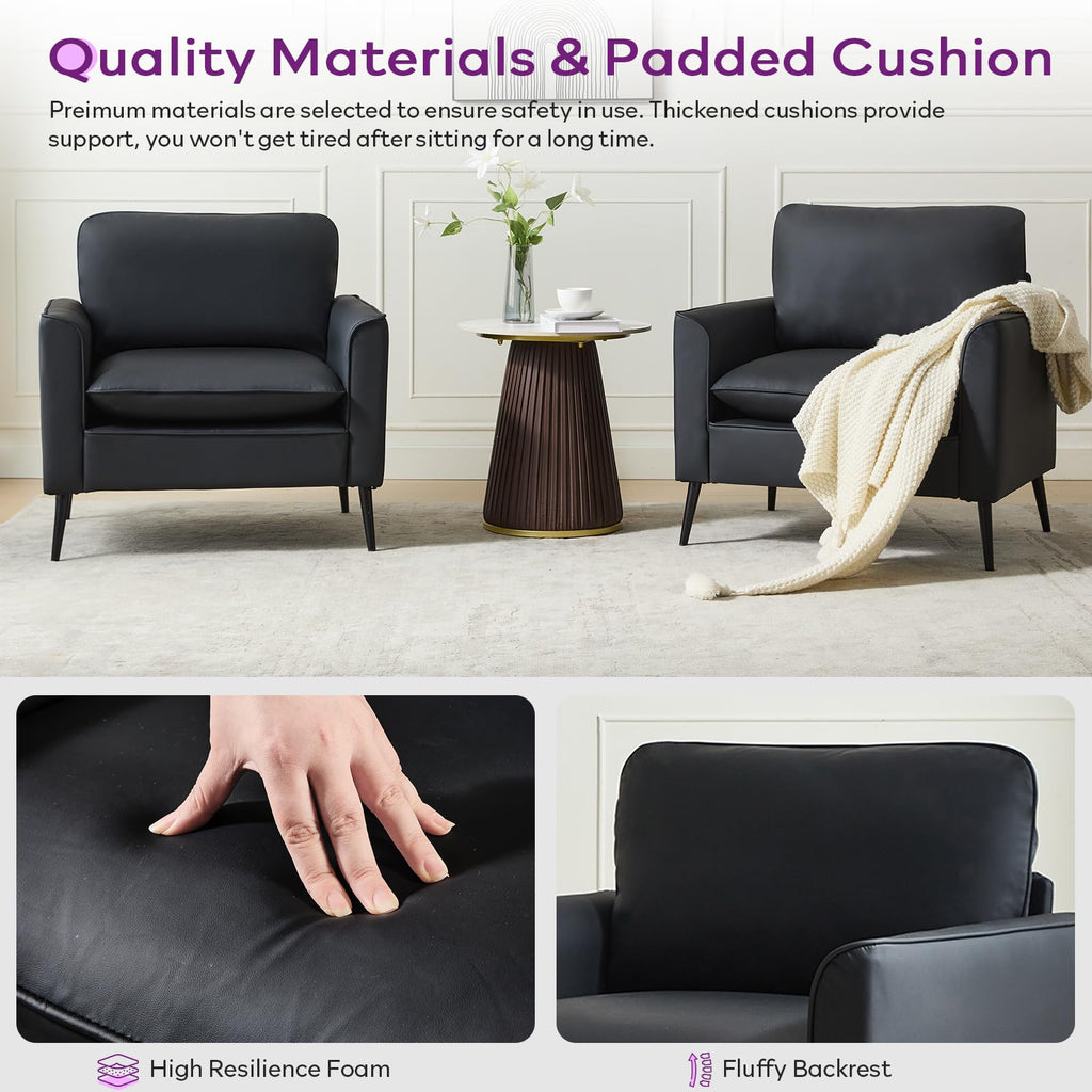 Accent Chair, Faux Leather Chairs, Mid Century Modern Comfy Living Room Chairs, Cozy Office Reading Chair, Reception Armchairs for Office, Bedroom, Waiting Room (Black) (1)