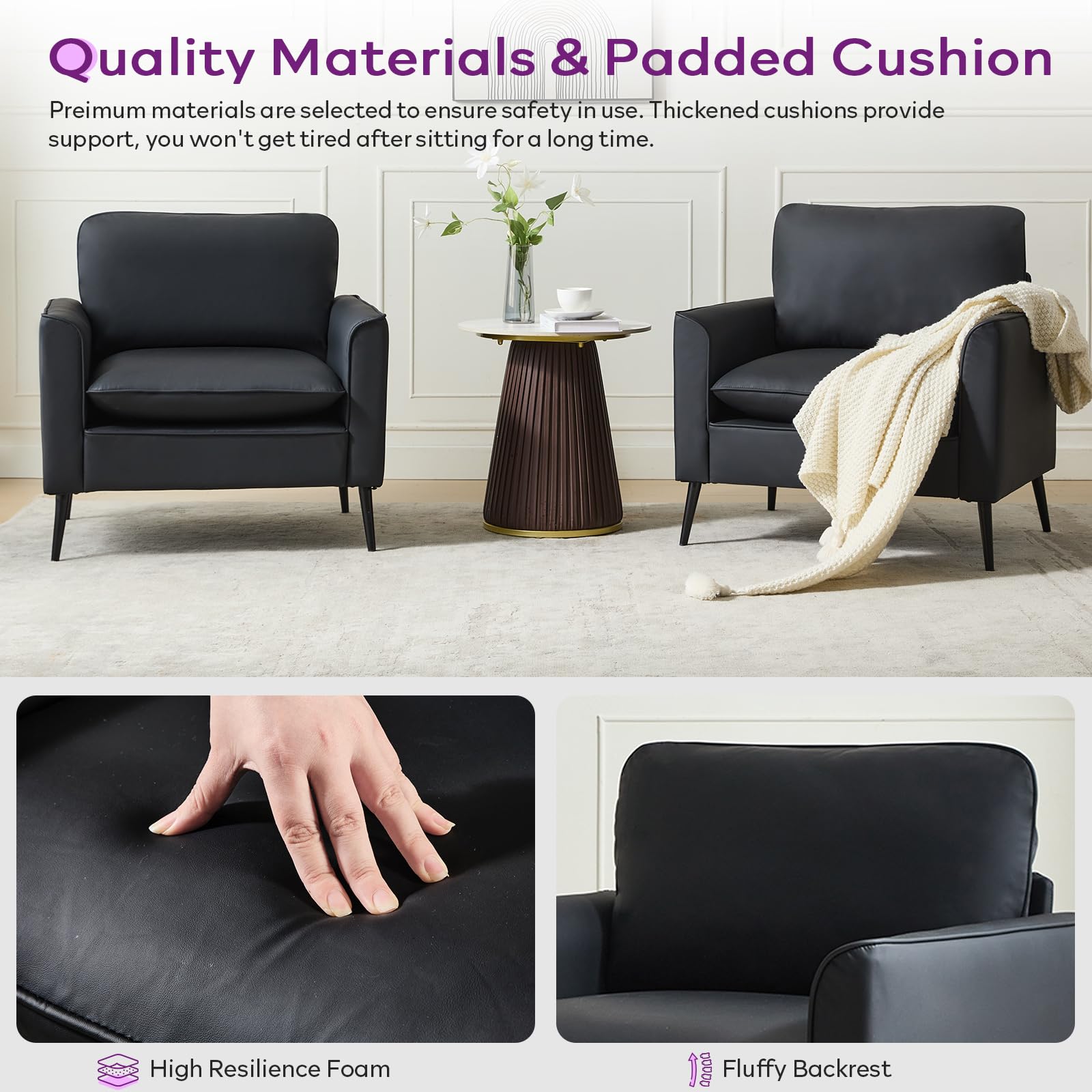 Accent Chair, Faux Leather Chairs, Mid Century Modern Comfy Living Room Chairs, Cozy Office Reading Chair, Reception Armchairs for Office, Bedroom, Waiting Room (Black) (1)
