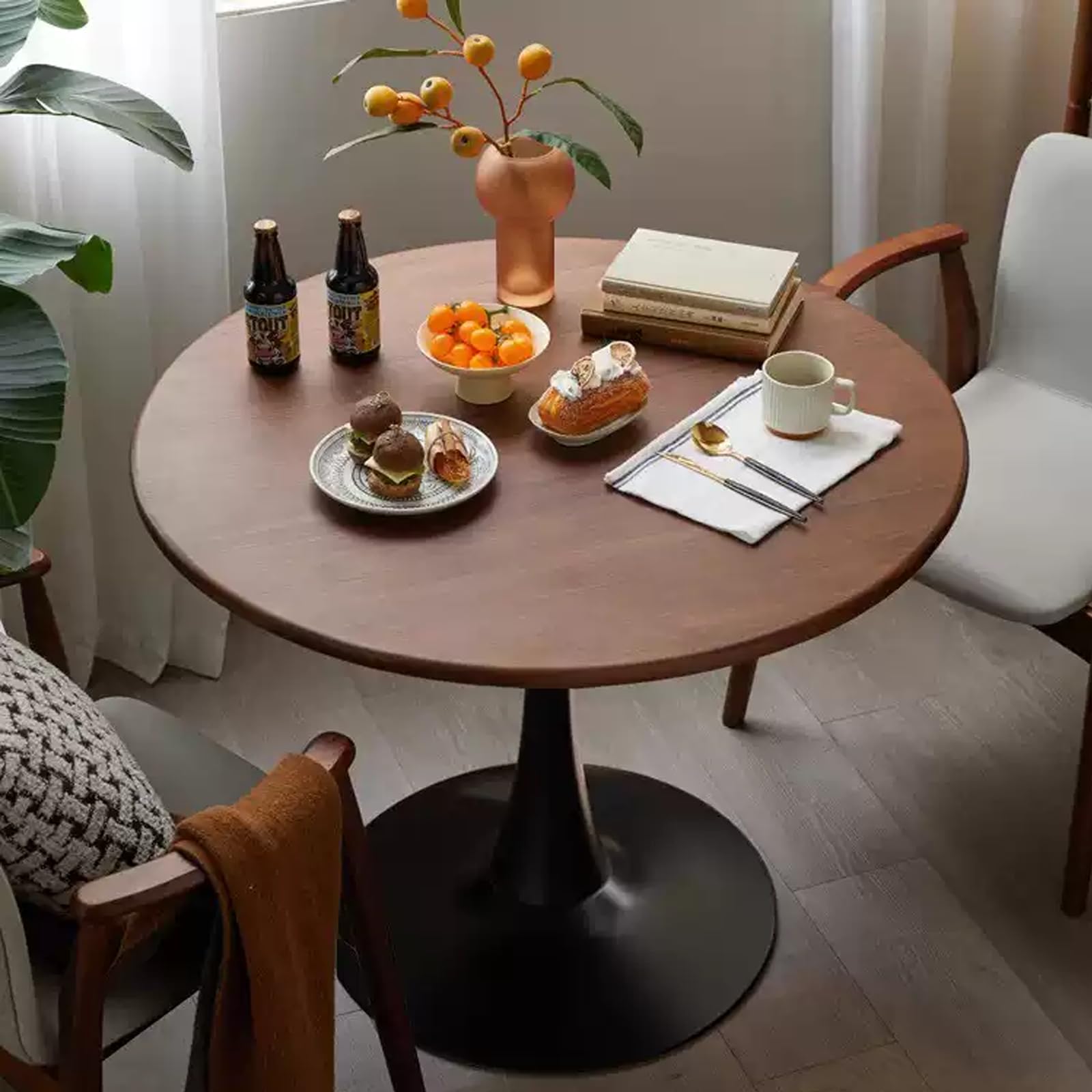 HYYTEIBL 27.3" Round Tulip Dining Table for 2-4 People with Walnut Top and Black Metal Pedestal Base, Mid-Century Modern Small Space Table for Kitchen, Living Room, Cafe