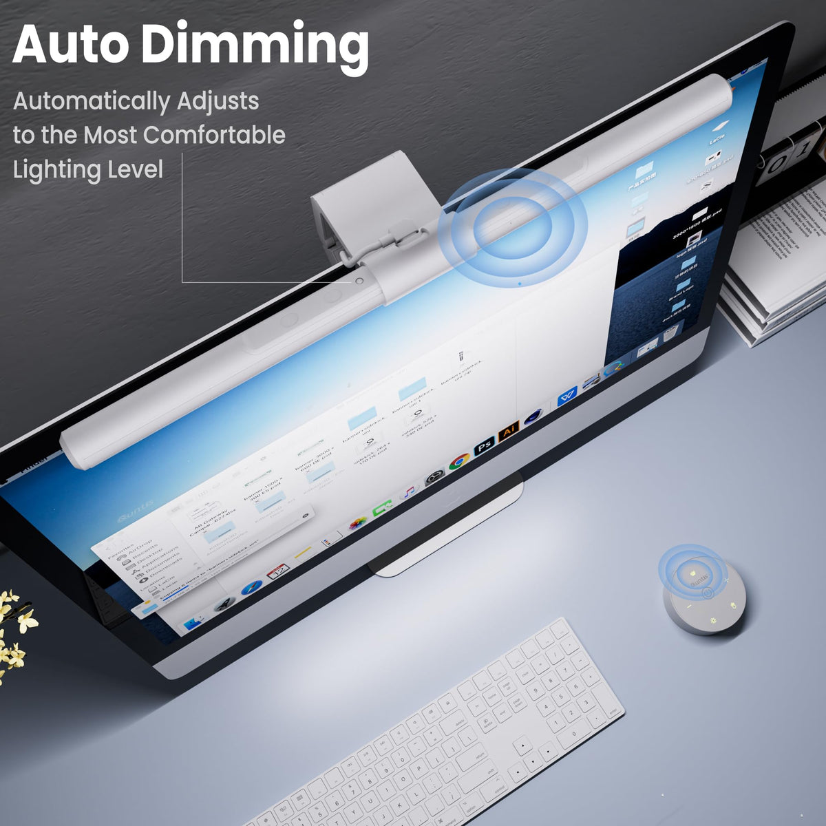 Monitor Light Bar Pro White, Eye-Care No Glare USB Computer Lamp, Stepless Dimming & Auto-Dimming Brightness, Dual Control, Modern Aesthetic Space Saving Desk Accessories Office Gaming Reading