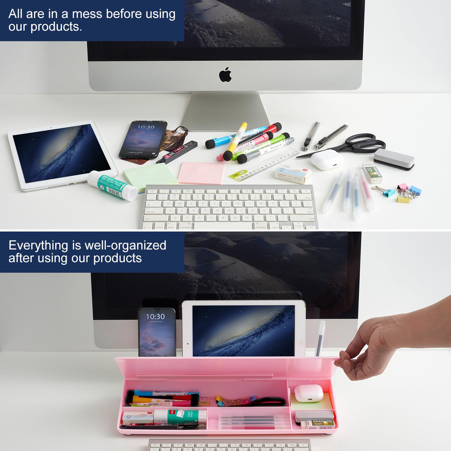 Desktop Whiteboard Dry-Erase-Board - Computer Keyboard Stand White Board Surface Pad with Drawer, Desk Organizers with Accessories for Office, Home, School Supplies - Complete Pink