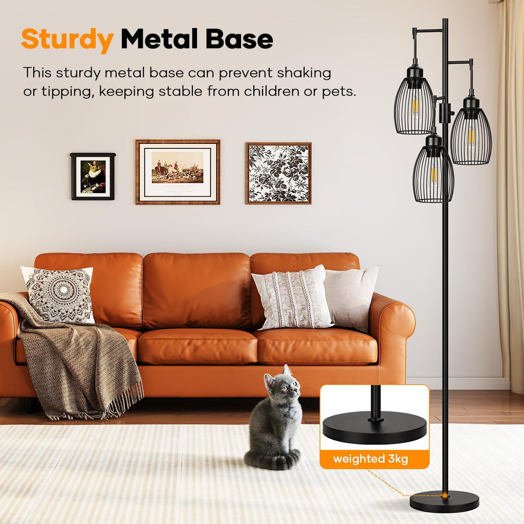 Floor Lamp, 3 x 800LM LED Edison Bulbs Included, Farmhouse Industrial Floor Lamp Standing Tree Lamp with Elegant Teardrop Cage Tall Lamps for Living Room Bedroom Office Dining Room-Black
