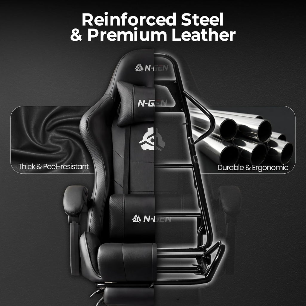 Gaming Chair with Footrest Lumbar Support for Home Office High Back Recliner Height Adjustable Ergonomic Comfy Leather Computer Desk Chair (Black)