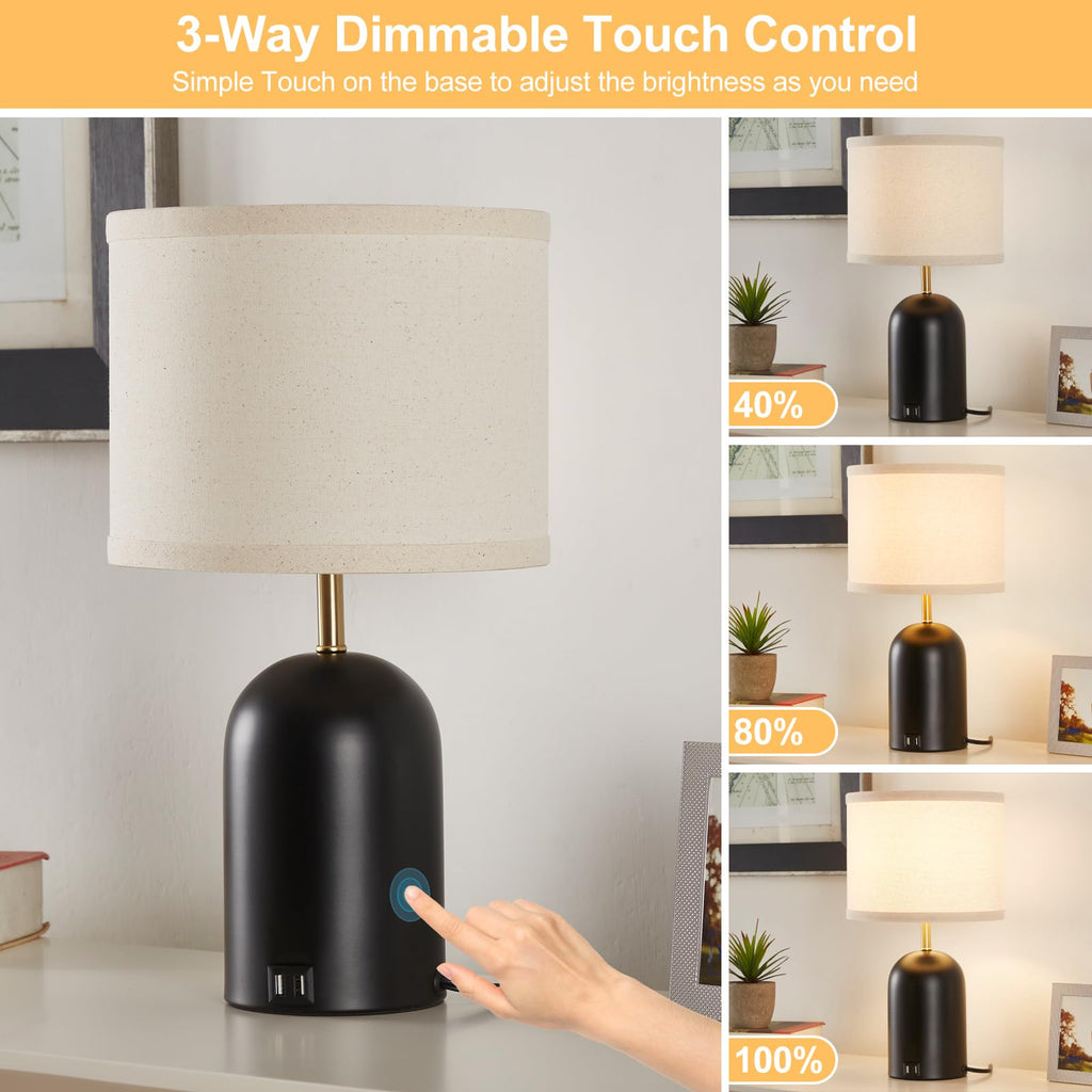 Touch Control Table Lamps Set of 2, Black Bedside Lamps for Bedroom