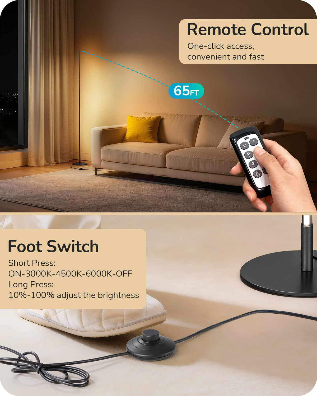 59.8" Floor Lamp with Remote & 3 Height Settings, Dimmable & 3CCT