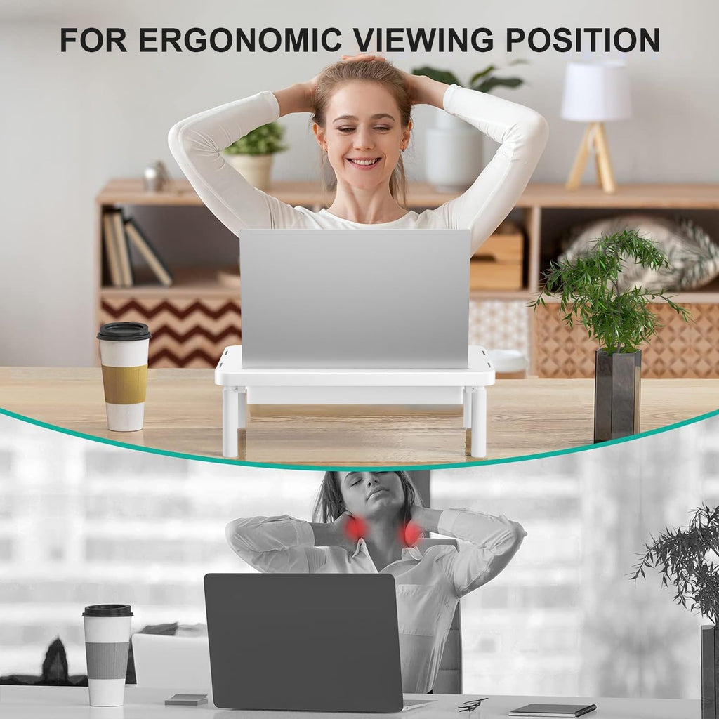 Computer Monitor Stand with Storage, Desk Monitor Riser 3 Height Adjustable, Laptop Riser with Airflow Vents, Desk Organizer for Computer, Laptop, Printer (PTT002-W), 1 Pack, White
