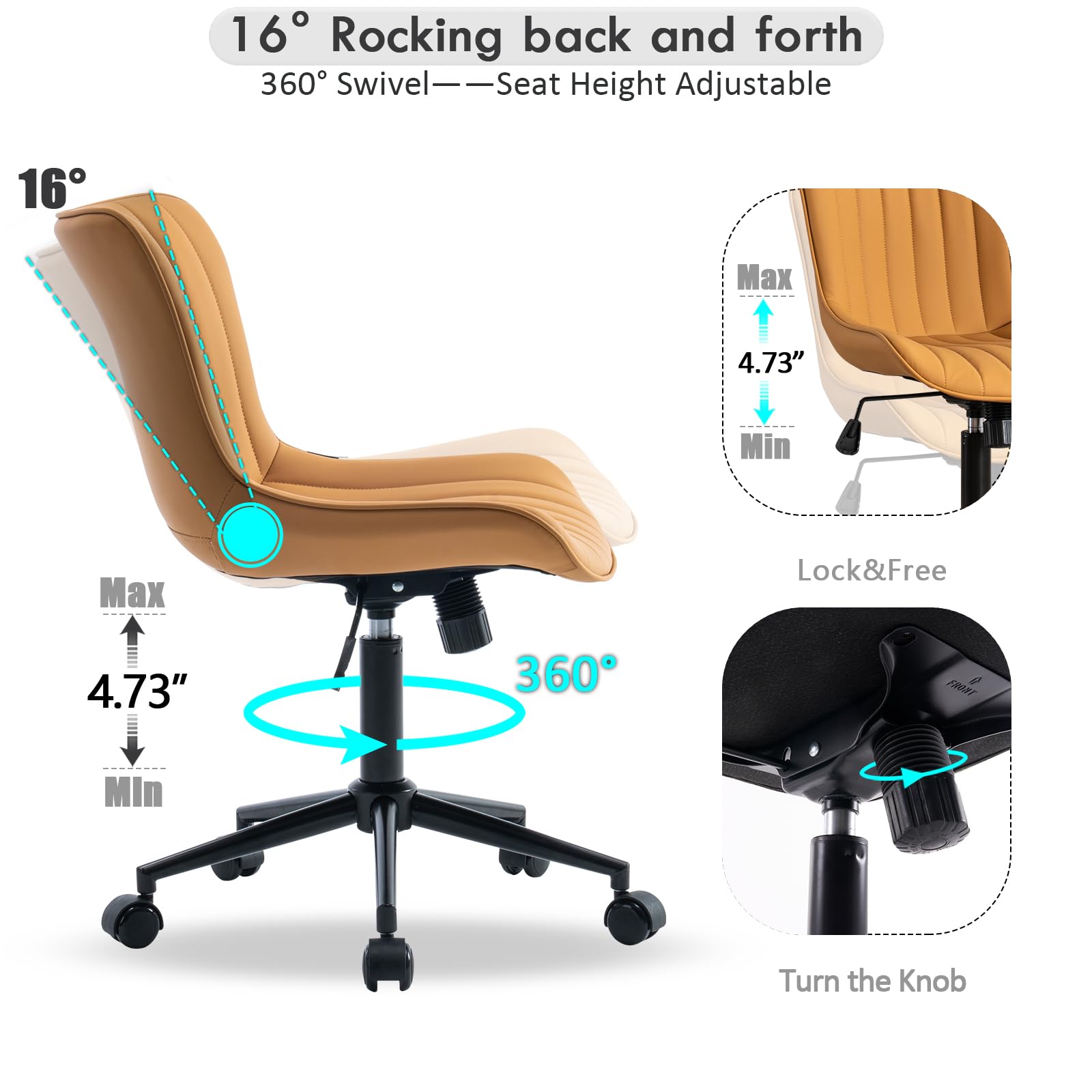 Ergonomic Home Office Chair with Wheels Comfy Armless Desk Chair with Back Adjustable Height Modern Leather Upholstered Swivel Vanity Chair Small Cute Rolling Task Computer Chair Tan