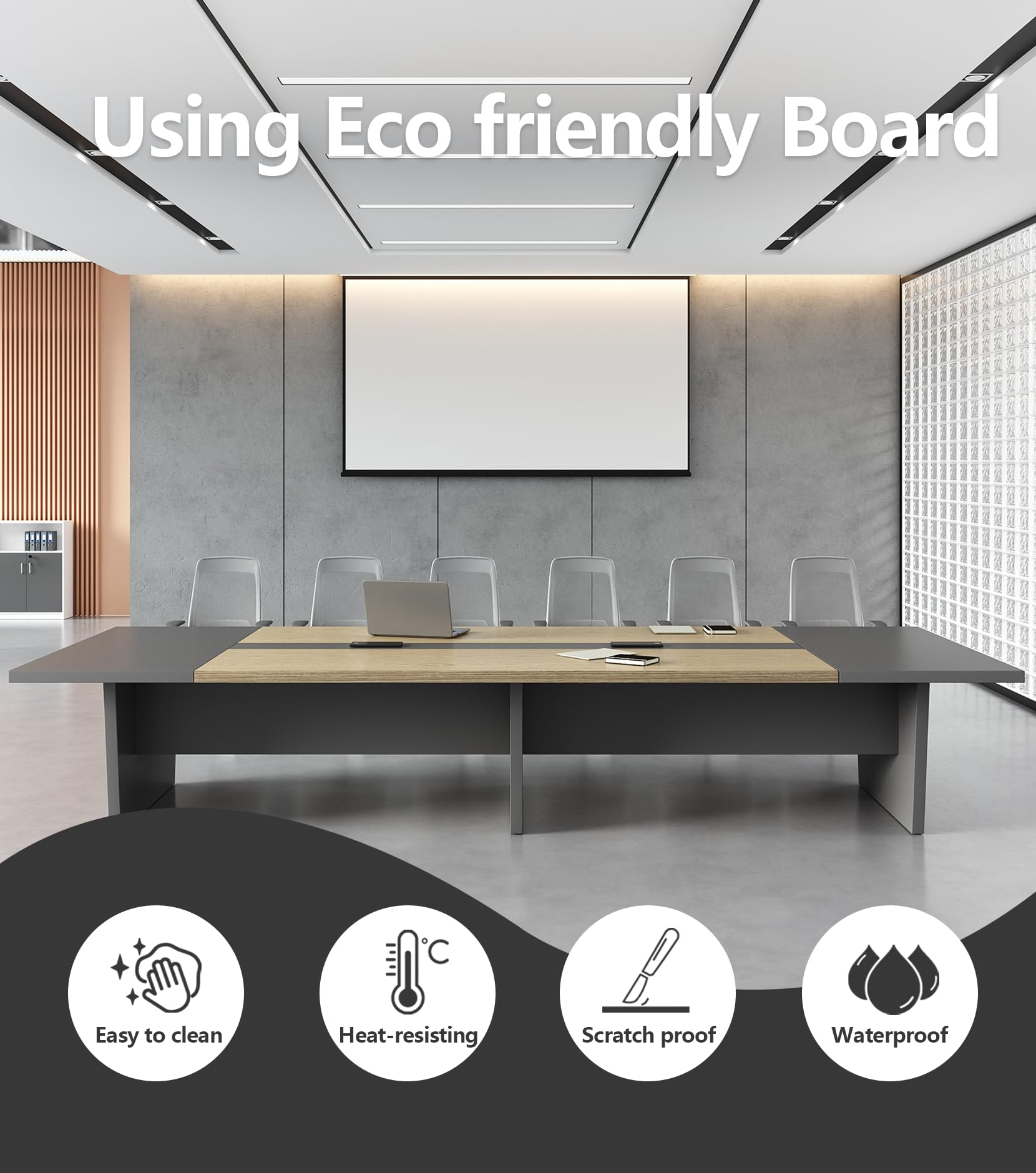 8FT Conference Table, Seats 8 to 10, Rectangular Boardroom Meeting Table with Built-in Power Outlets and USB Ports, 2" Thick Tabletop & Heavy-Duty Base (Oak & Gray, 95" L * 47" W * 30" H)
