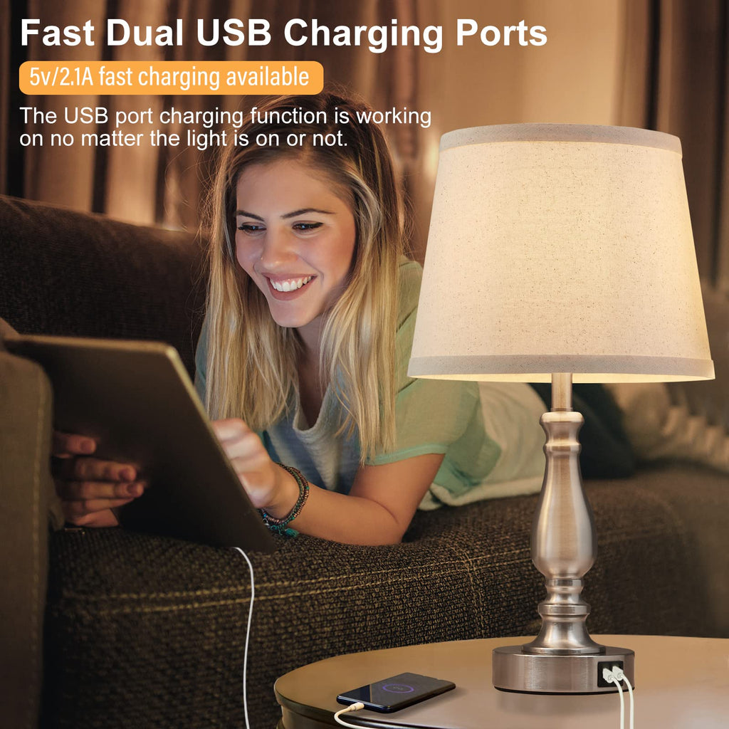 Lamps for Bedrooms Set of 2, Brushed Nickel Bedside Lamps with USB C+A Ports,Dimmable Nightstand Lamps with Fabric Lampshade, Touch Table Lamp for Living Room Bedroom Office, Bulbs Included