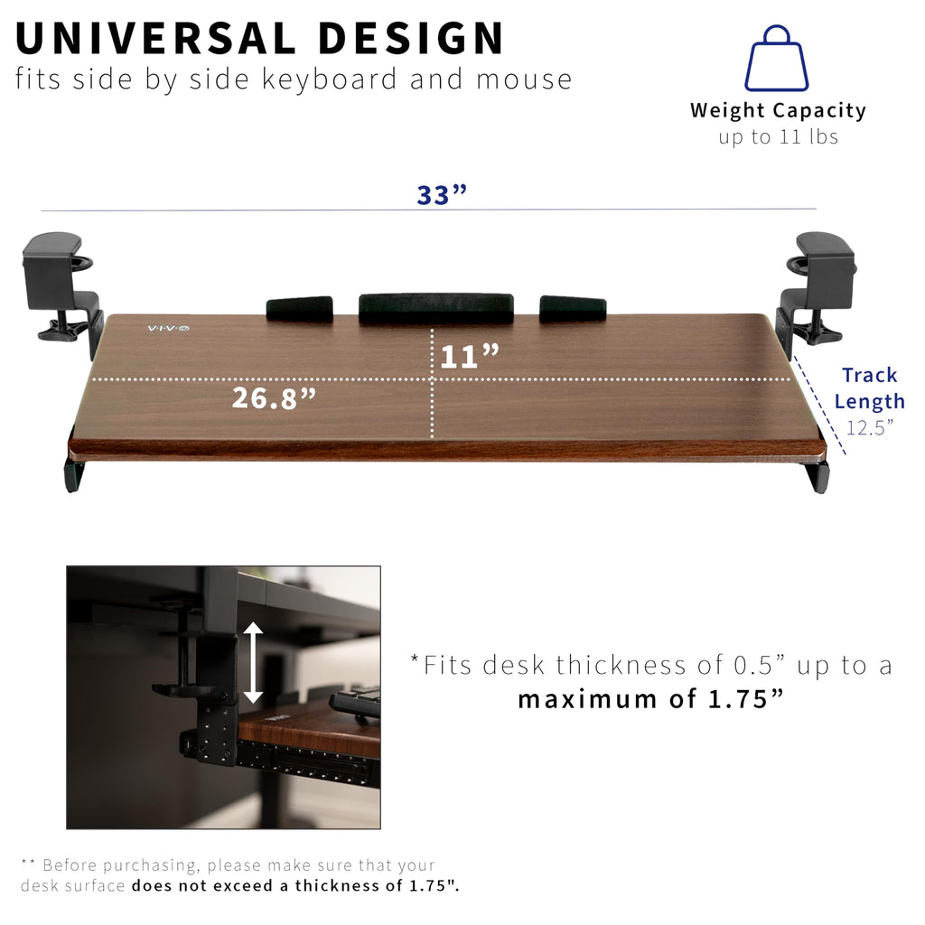 Large Height Adjustable Under Desk Keyboard Tray, C-clamp Mount System, 27 (33 Including Clamps) x 11 inch Slide-Out Platform Computer Drawer for Typing, Dark Walnut, MOUNT-KB05HD