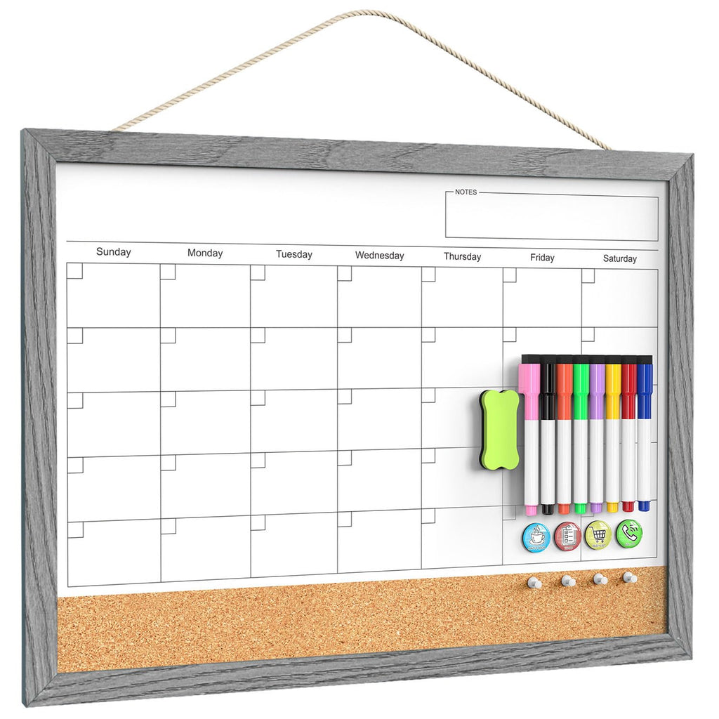 Calendar Whiteboard for Wall, 18x24 Inches Dry Erase Calendar Cork Board Combo, Magnetic Monthly White Board with Wood Framed, Hanging Dry Erase Board for Home Kitchen Office Planner Memo