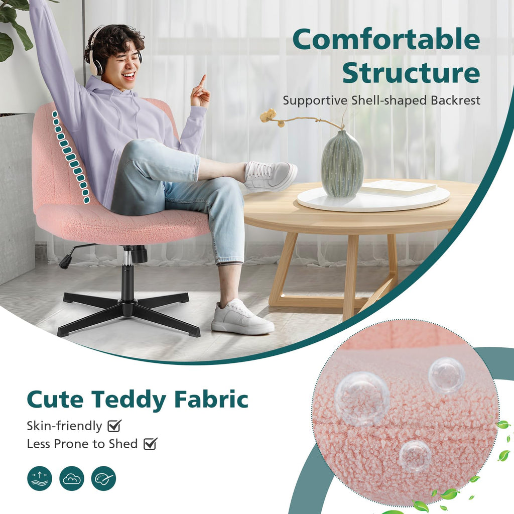 Criss Cross Chairs Legged Armless No Wheels Wide Seat Height Adjustable Swivel Rolling Padded Furry Cute Home Office Desk Seating for Bedroom, Student, Study Room