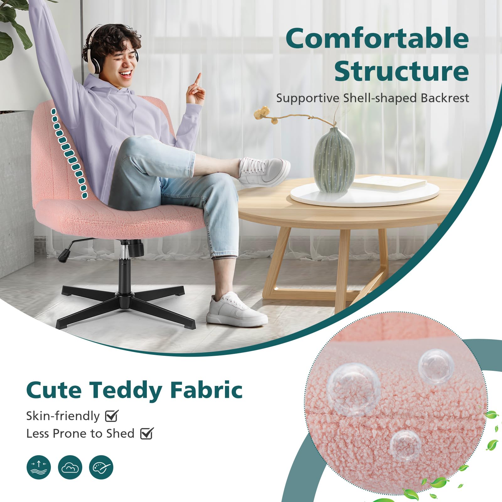 Criss Cross Chairs Legged Armless No Wheels Wide Seat Height Adjustable Swivel Rolling Padded Furry Cute Home Office Desk Seating for Bedroom, Student, Study Room