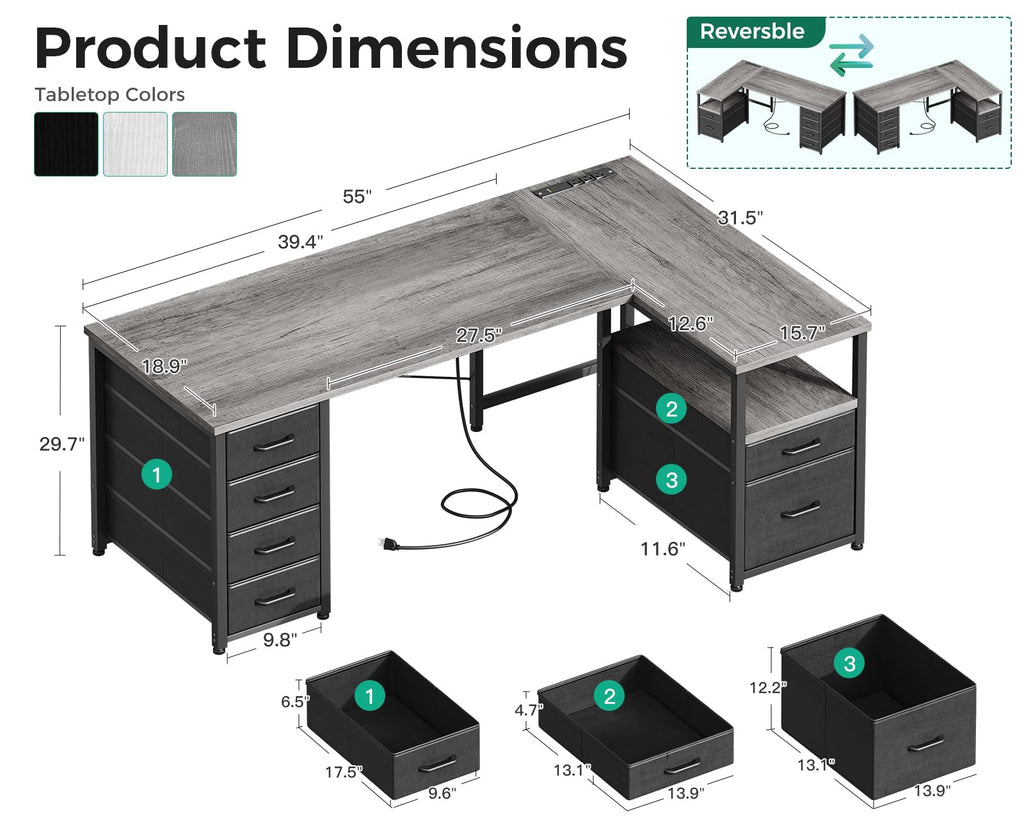 L Shaped Computer Desk with 6 Drawers & Power Outlet, 55 Inch Corner Desk with Reversible Storage Shelf & File Drawer, Home Office Desk, Grey Oak