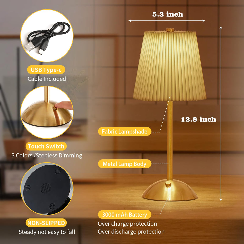 2-Pack Rechargeable Cordless Table Lamp, 3-Color Dimmable LED Touch Light