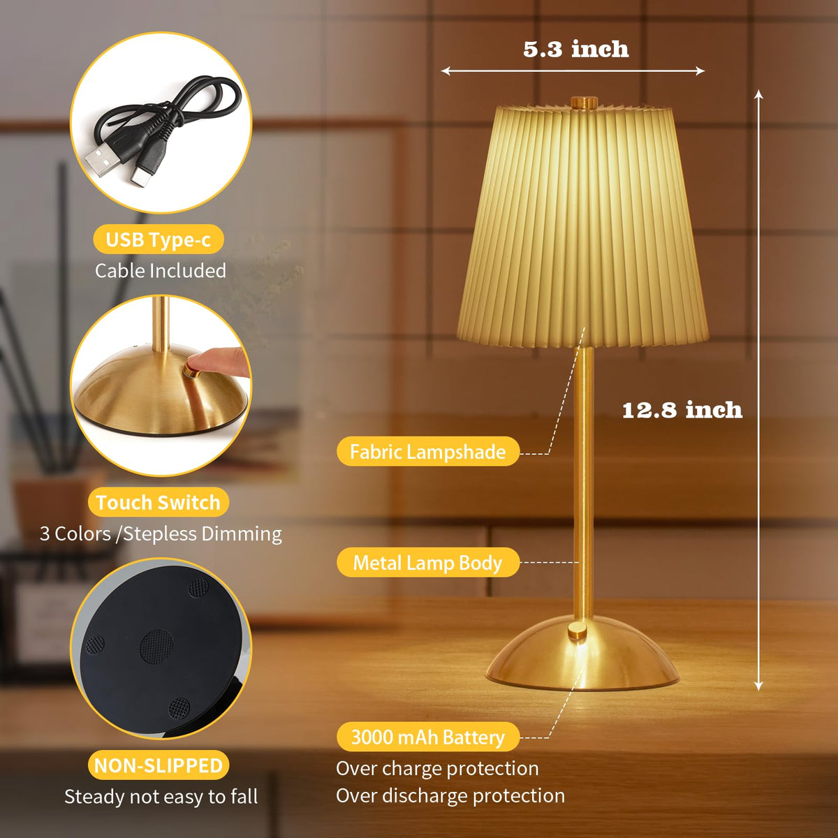 2-Pack Rechargeable Cordless Table Lamp, 3-Color Dimmable LED Touch Light