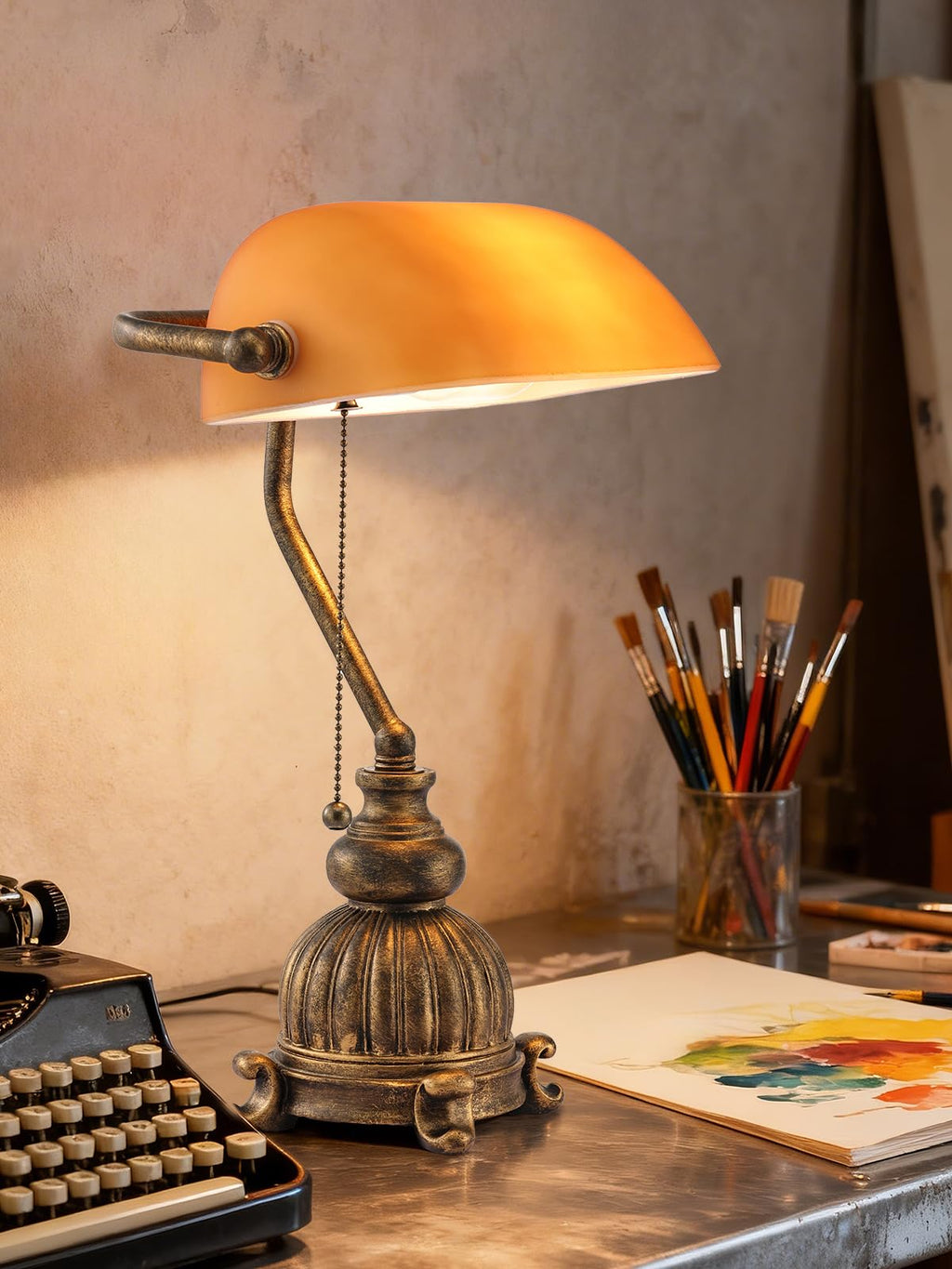 Retro Amber Glass Bankers Desk Lamp,LED Bulb Included