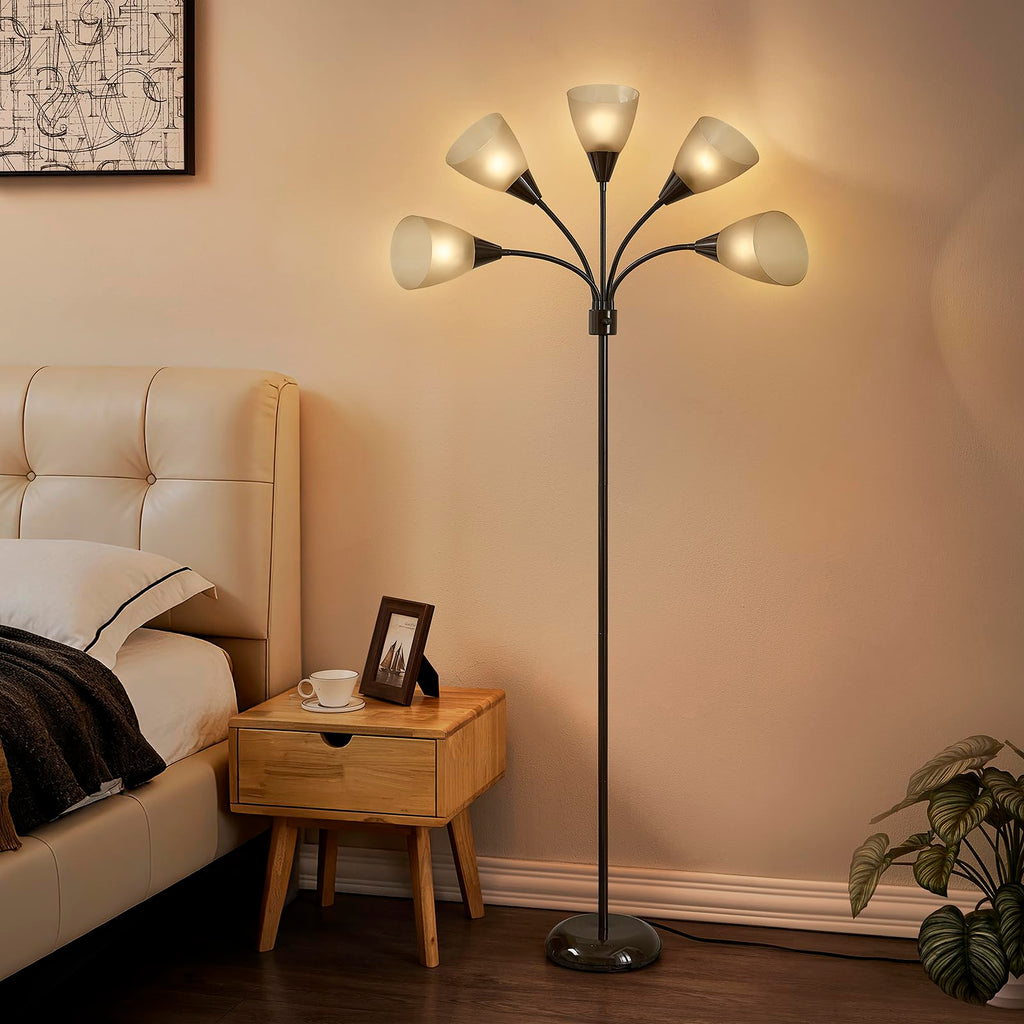 Medusa Modern Decor Floor Lamp, Multi Head Adjustable Gooseneck Bright Light for Reading, White Shades Tall Standing Tree Floor Lamp for Living Room Bedroom Office Kids Classroom, Brown