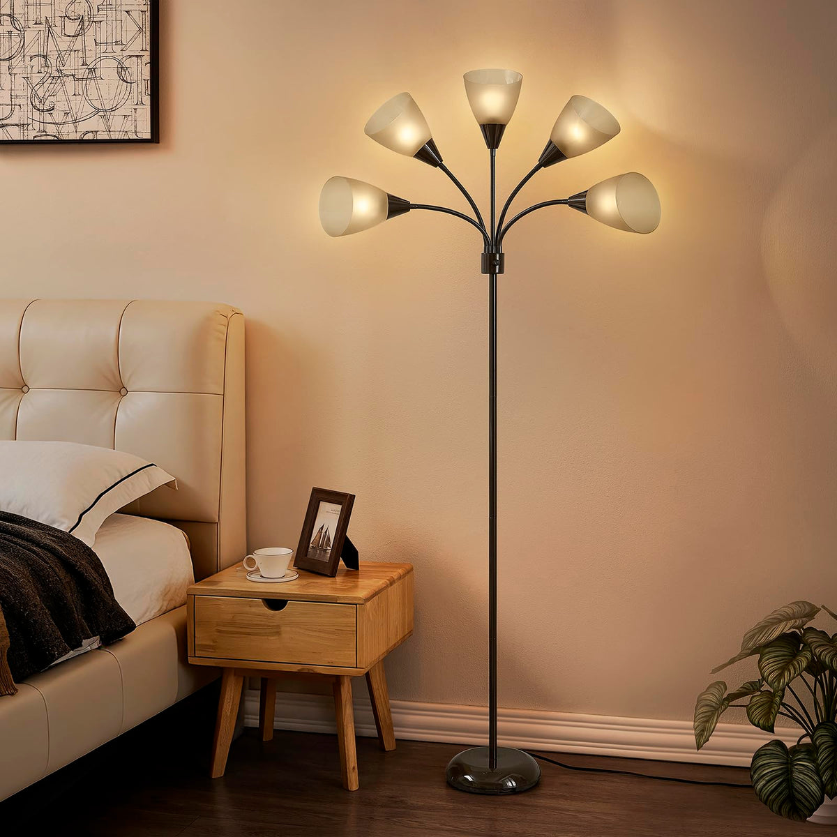 Medusa Modern Decor Floor Lamp, Multi Head Adjustable Gooseneck Bright Light for Reading, White Shades Tall Standing Tree Floor Lamp for Living Room Bedroom Office Kids Classroom, Brown