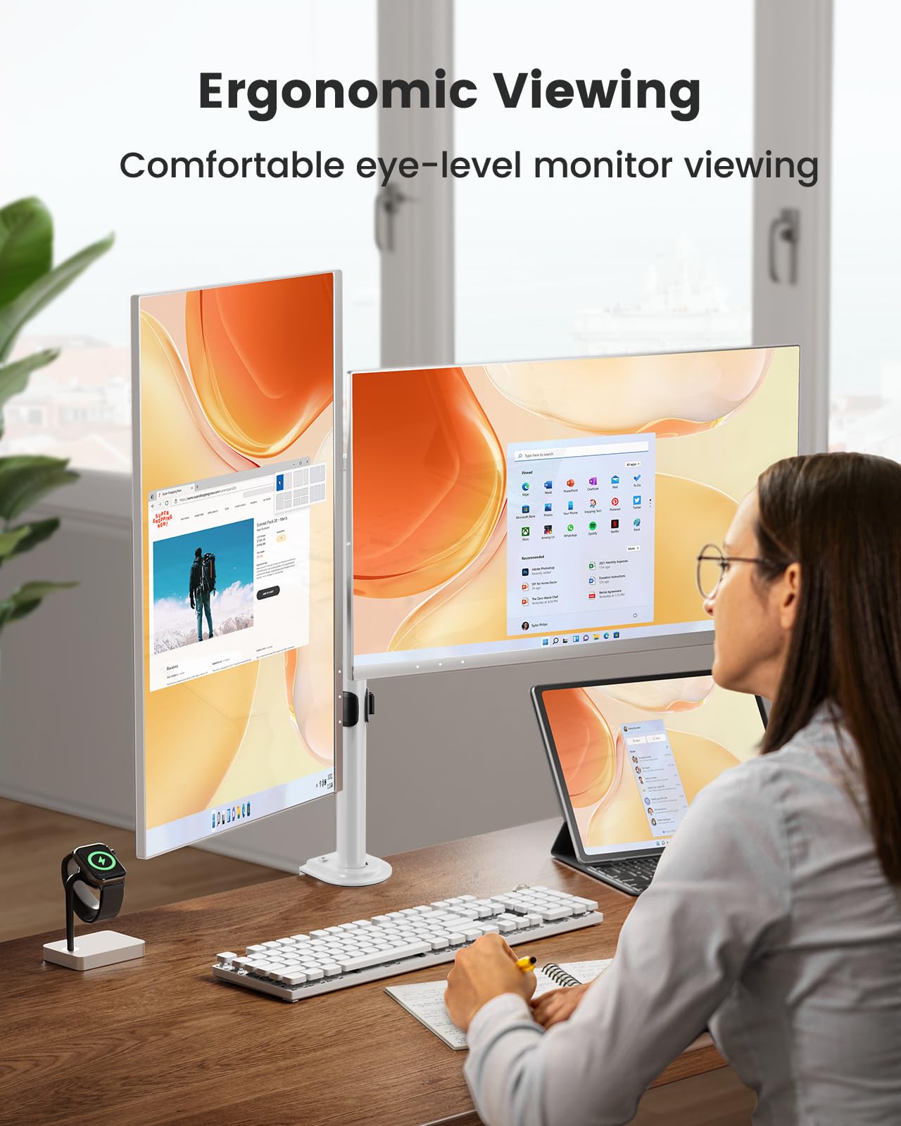 Fully Adjustable Dual Monitor Mount for 2 Screens up to 32 Inches, Holds up to 17.6 lbs Each Arm, Desk Stand, White