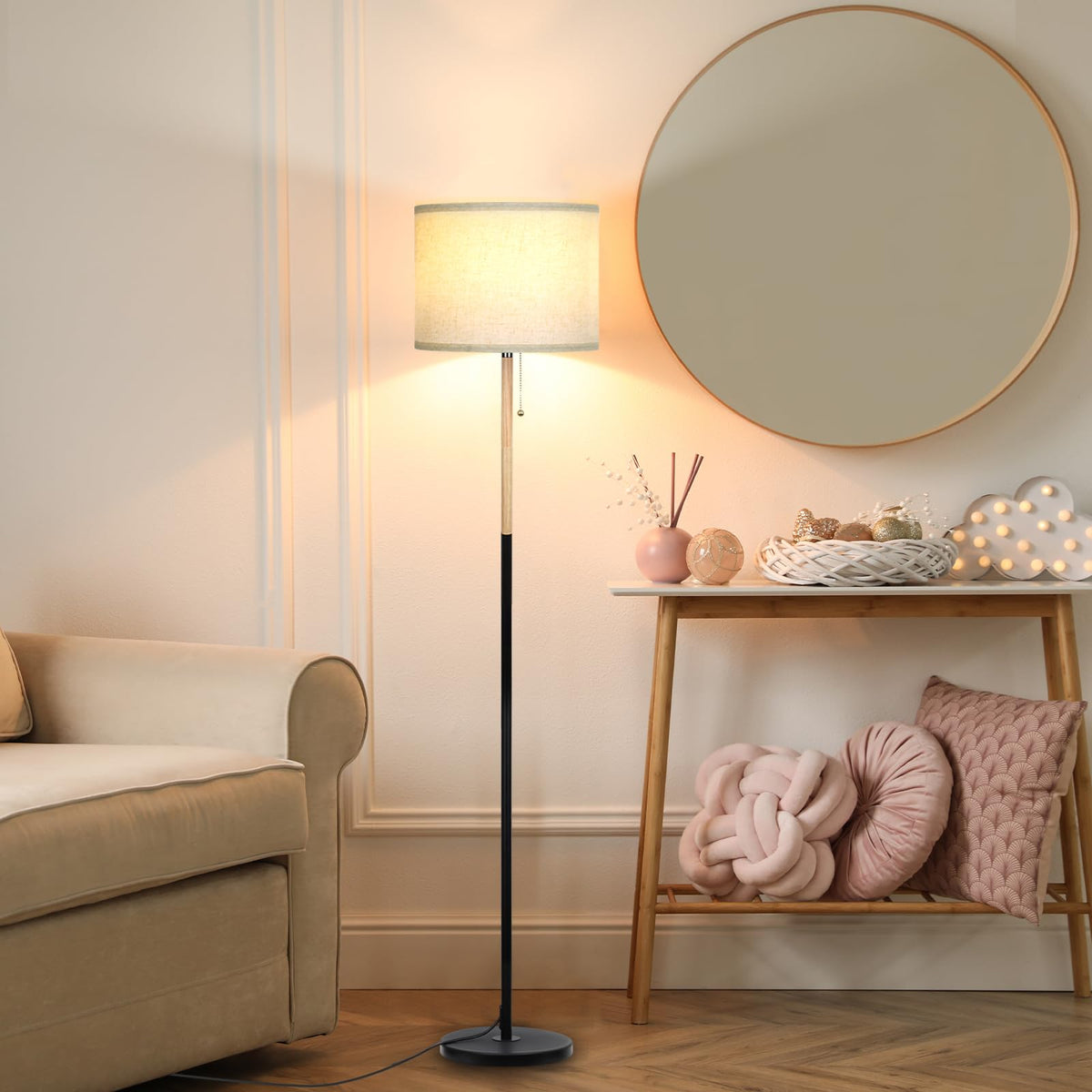 Bedroom Standing Floor Lamp with Linen Shade,White+ Wood Black Pole