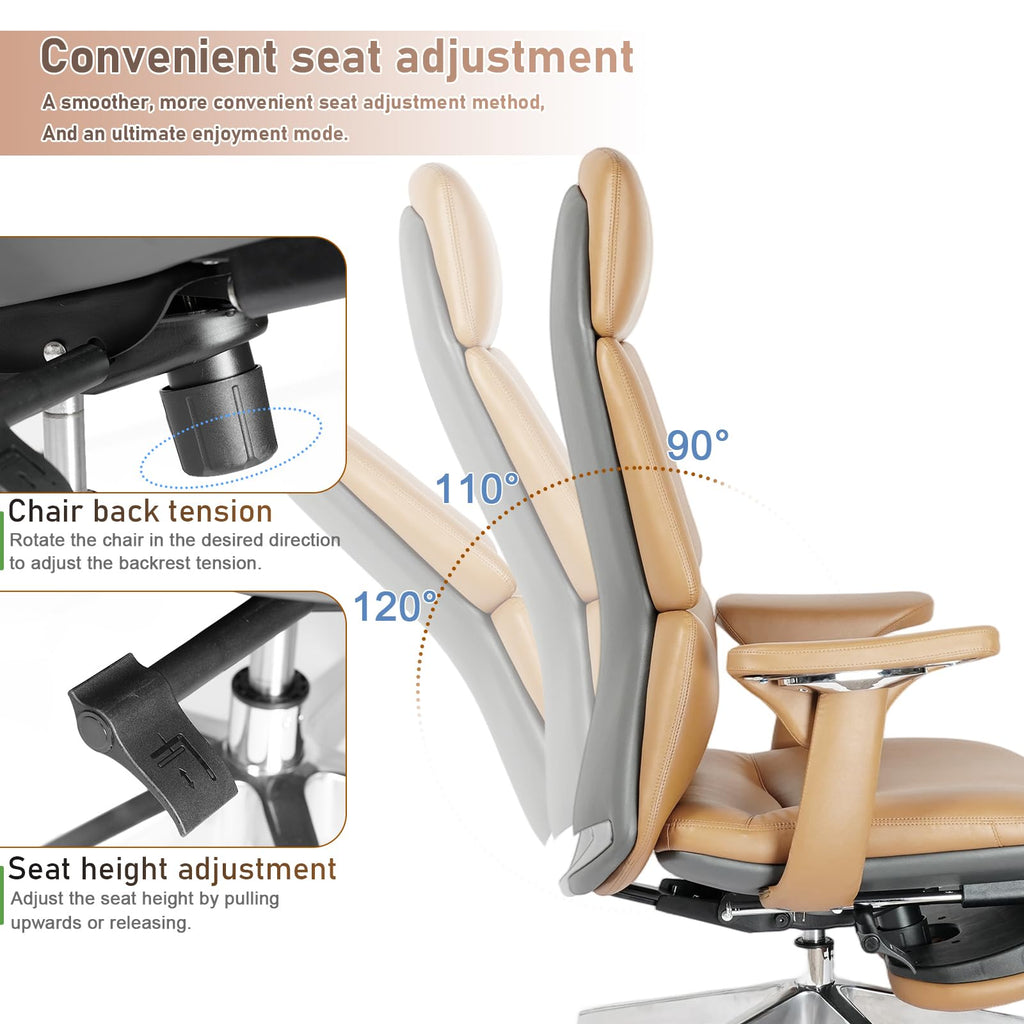 Genuine Leather Office Chair with Flexible Footrest, High Back Executive Office Chair with Lumbar Support, Adjustable Tilt Mechanism, Weight Capacity 400 lbs (Brown)
