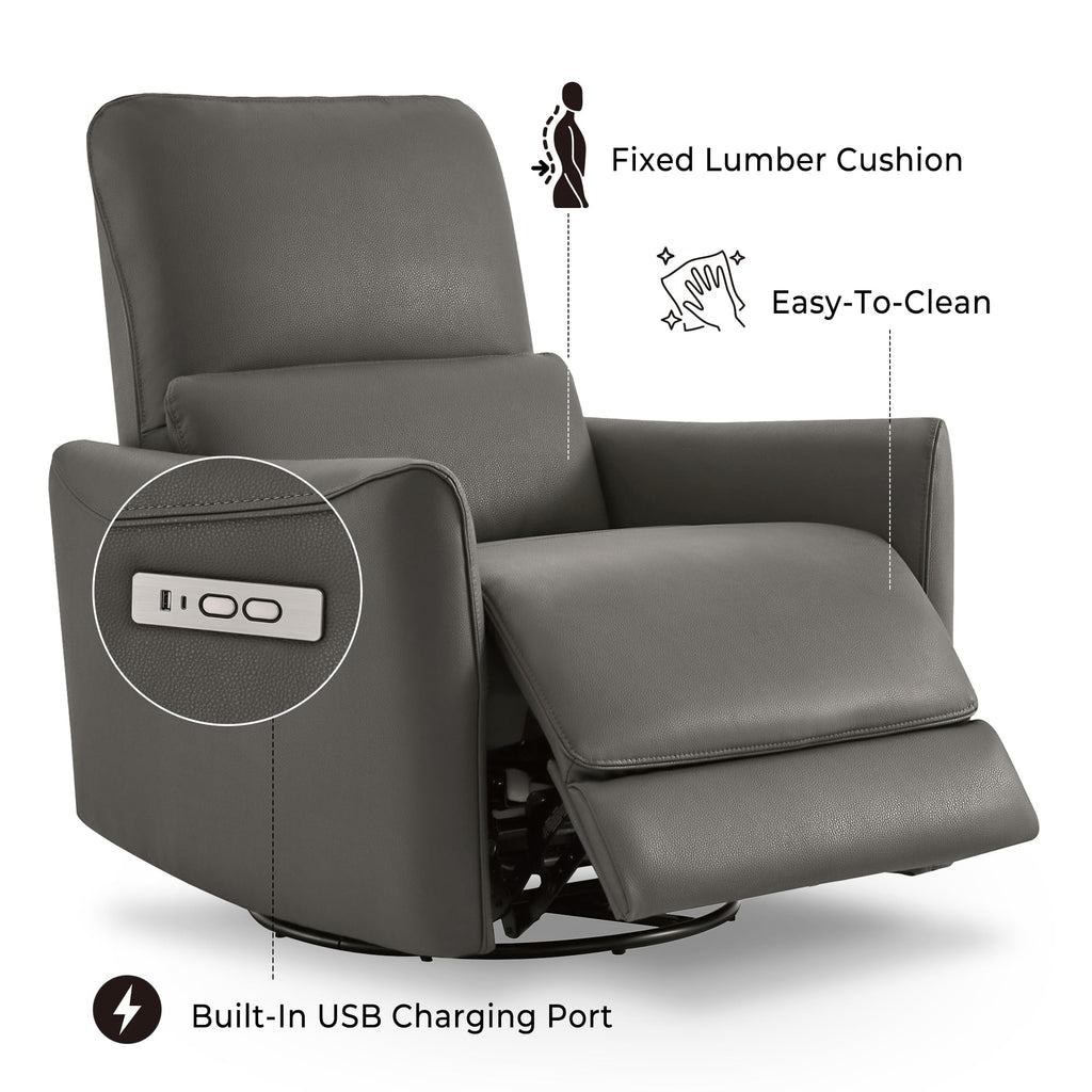 Power Recliner Chair Swivel Glider, FSC Certified Upholstered Faux Leather Living Room Nursery Reclining Sofa Chair with Lumbar Support, Charcoal