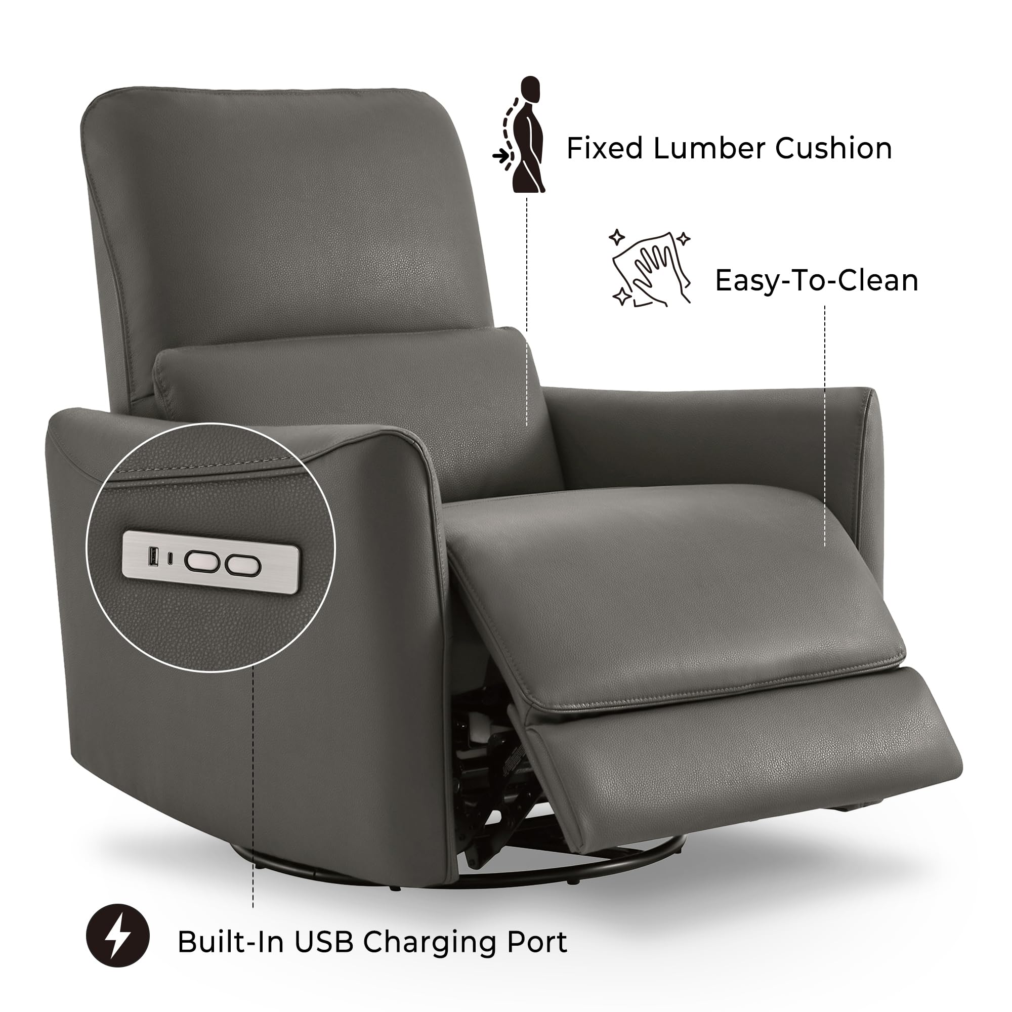 Power Recliner Chair Swivel Glider, FSC Certified Upholstered Faux Leather Living Room Nursery Reclining Sofa Chair with Lumbar Support, Charcoal