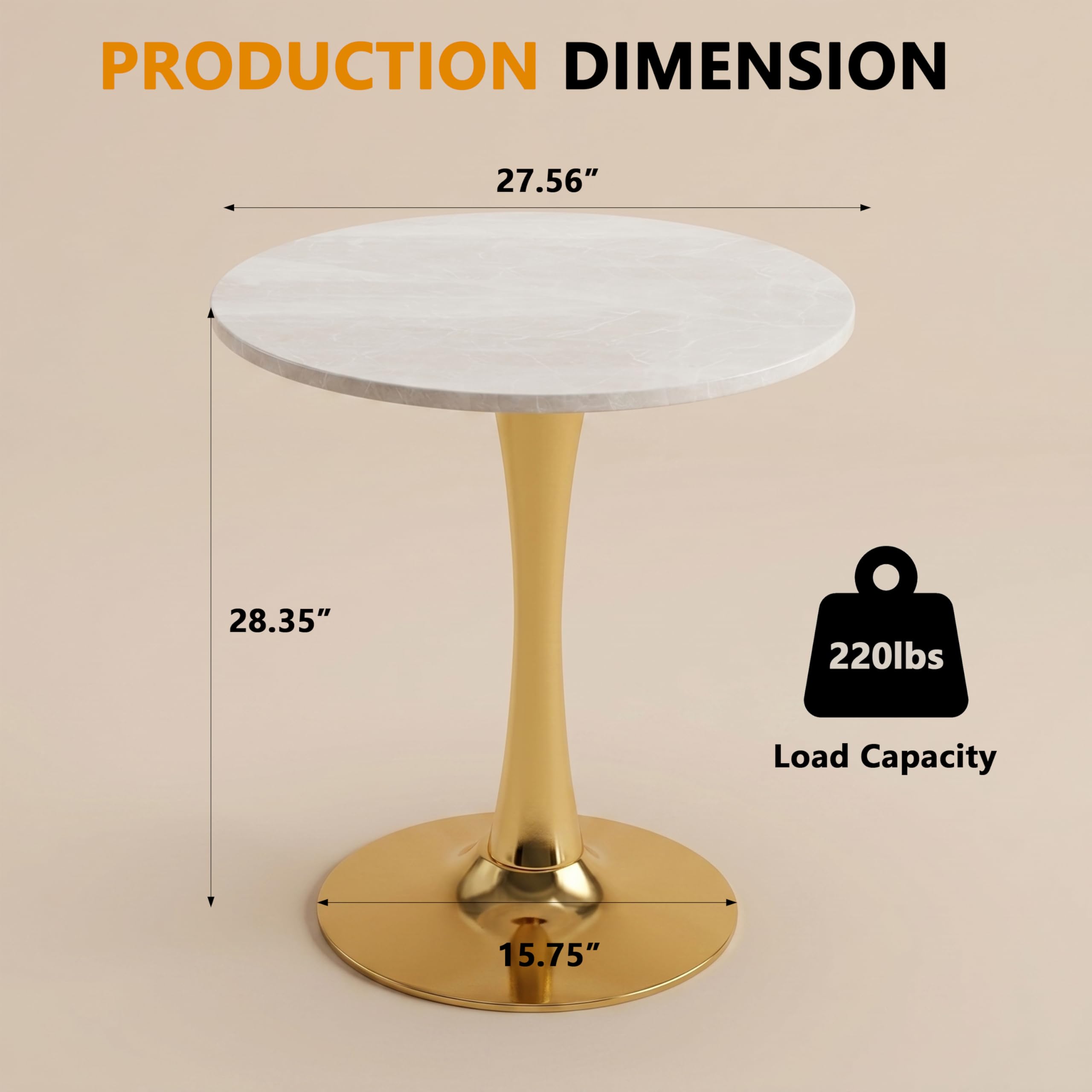 Sybrioka 27.6" Marble Round Tulip Table, Mid-Century Modern Style Dining Table with Gold Pedestal Base for 2-4 People, Featuring A Marble Tabletop for Kitchen, Dining Room, Cafe (Grayish White)