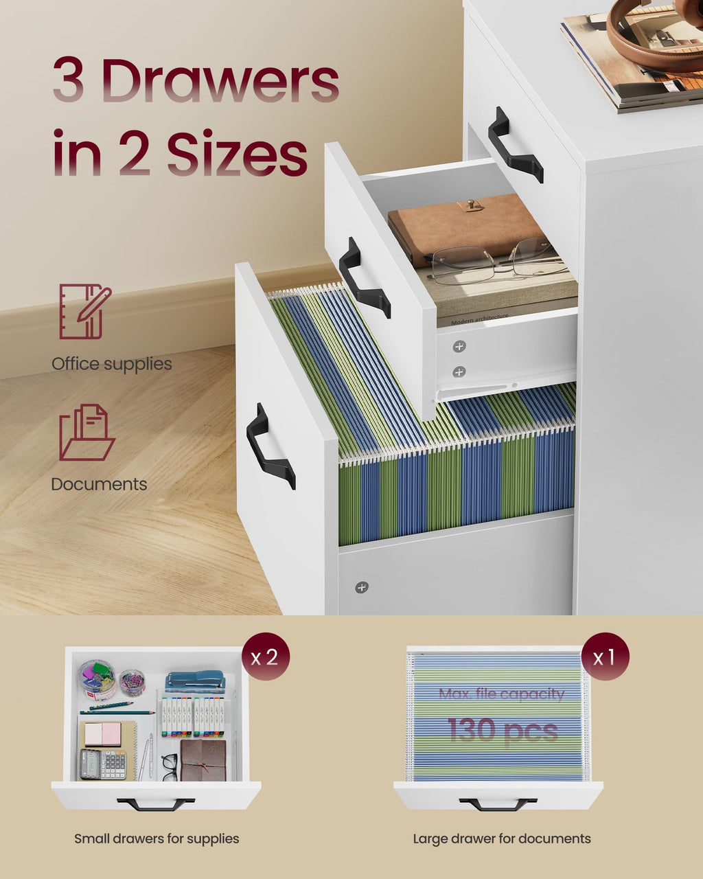 Mobile File Cabinet, 3 Drawers Filing Cabinet with Wheels