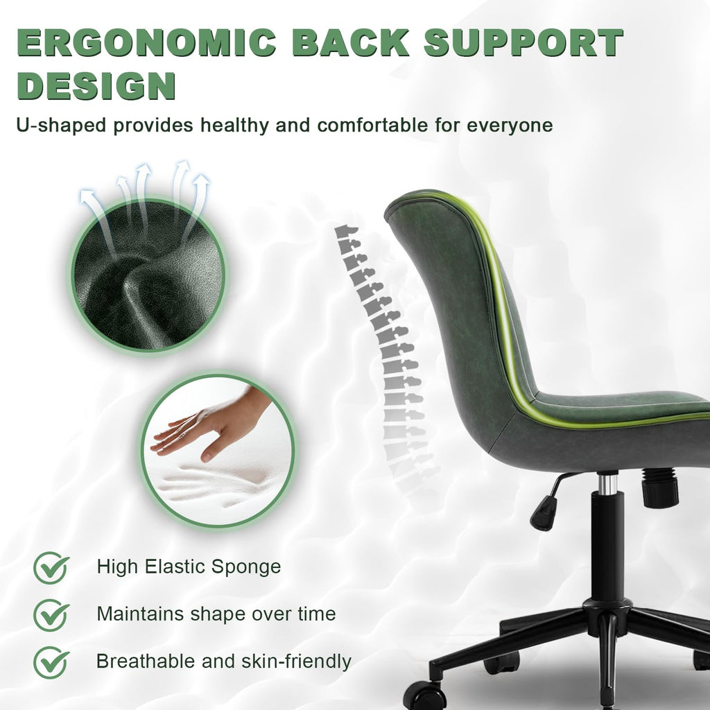 Armless Office Chair, Height Adjustable Desk Chair with Wheels, Ergonomic Comfy 360° Swivel Home Office Computer Task Chair, Faux Leather Padded Cute Vanity Chair,Green