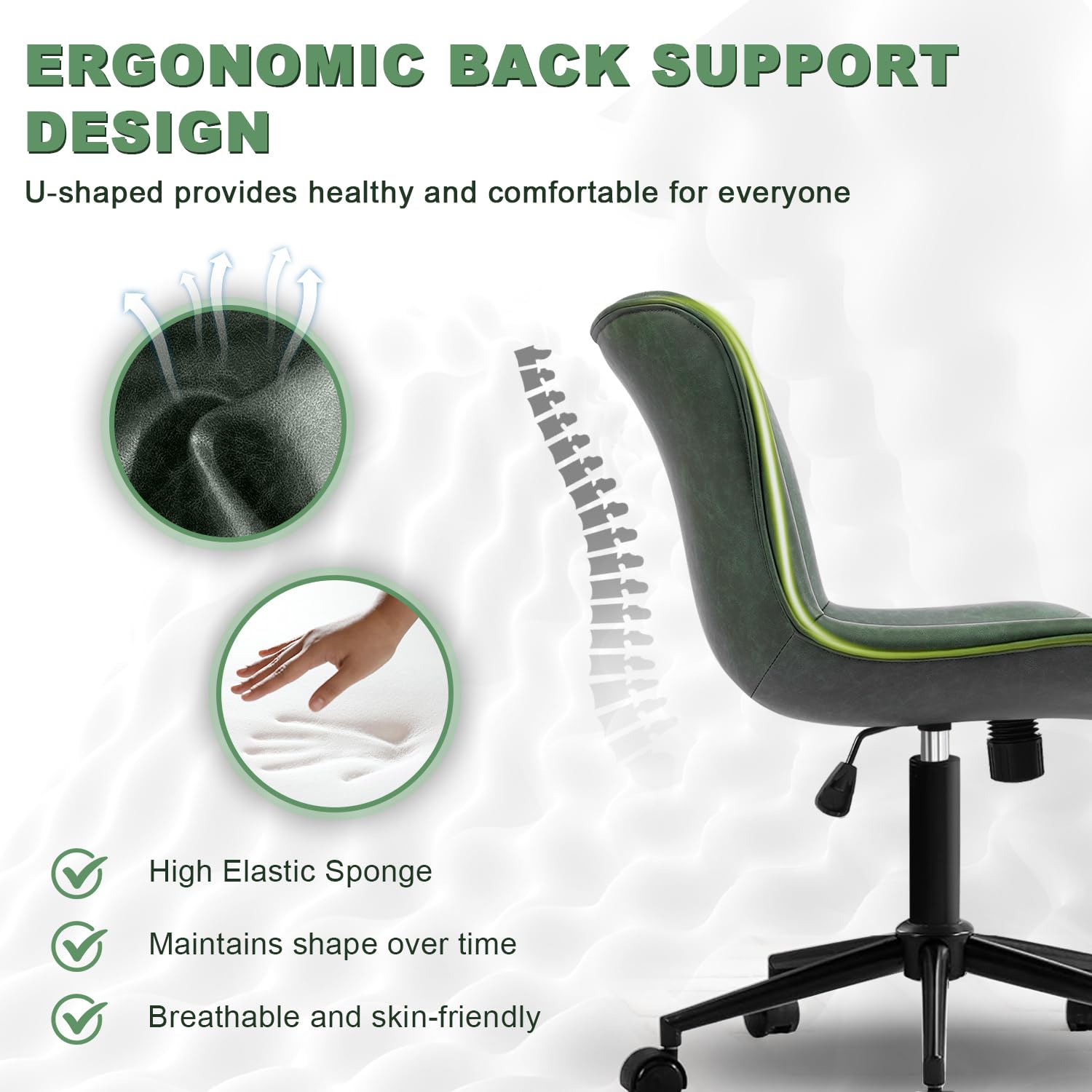 Armless Office Chair, Height Adjustable Desk Chair with Wheels, Ergonomic Comfy 360° Swivel Home Office Computer Task Chair, Faux Leather Padded Cute Vanity Chair,Green