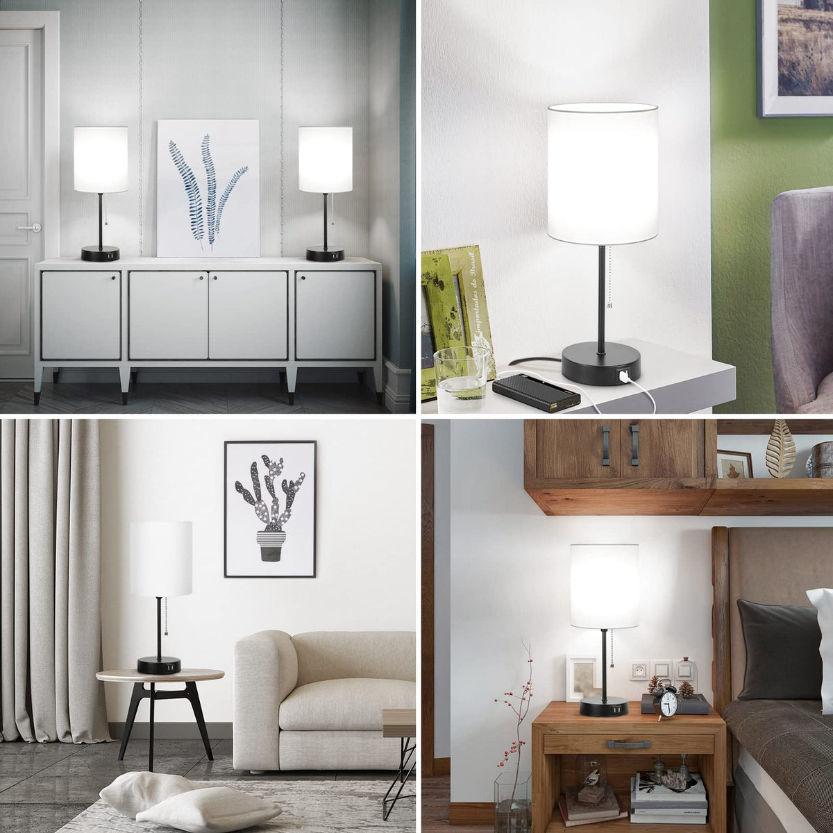 Bedside Table Lamps Set of 2 with USB Charging Ports and AC Outlet, White