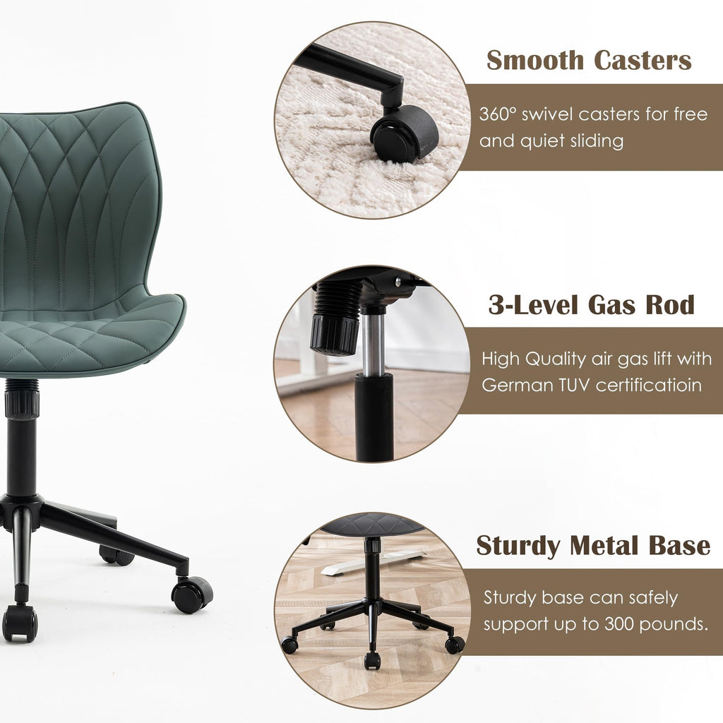 Armless Desk Chair Comfy Office Chair with Wheels Home Ergonomic Task Chair Adjustable Computer Chairs Modern Faux Leather Swivel Chair Upholstered Makeup Vanity Chair(Grayish Green)