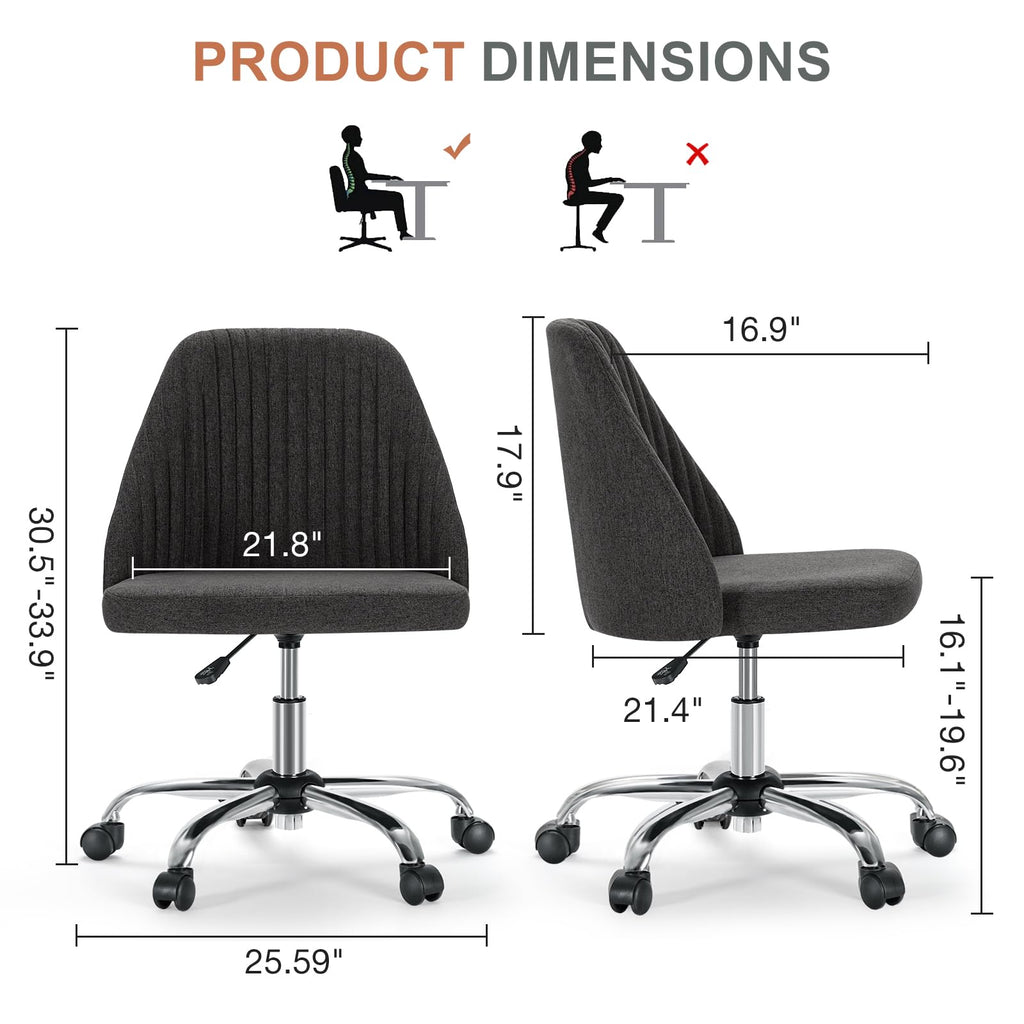 Office Chair, Comfy Desk Chair Rolling Vanity Swivel Task Chairs with Wheels, Wide Seating Armless Height Adjustable Computer Chairs for Home,Bedroom,Student,Adults, Graphite