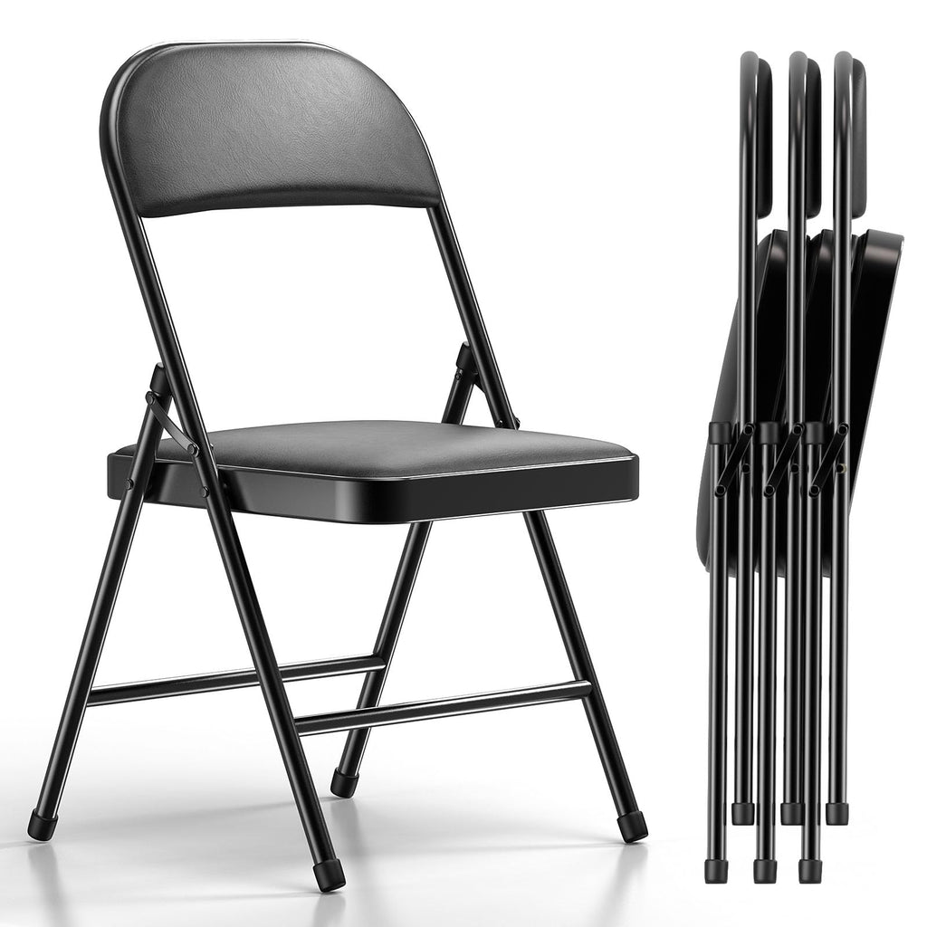 4 Pack Folding Chairs with Padded Vinyl Cushion Chairs with Comfortable Cushion and Durable Steel Frame for Home and Office, for Indoor and Outdoor Events (Black, Vinyl)
