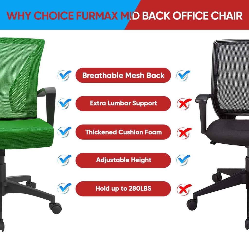 (2, Green) Office Chair Ergonomic Computer Desk Mesh Chair Mid Back Swivel Lumbar Support with Armrest