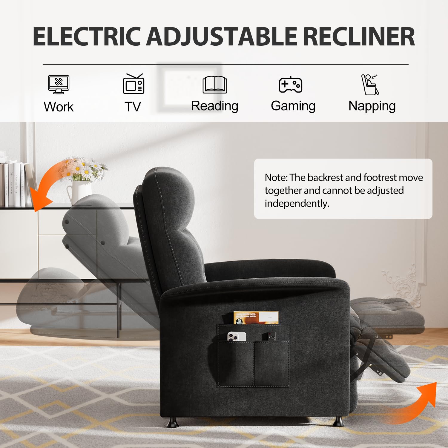 Power Recliner Chair for Adults with Heat & Massage - Soft Fabric Electric Reclining Sofa with Remote Control, 3 Side Pockets, 180° Lay Sleeper for Home Theater Living Room, Black