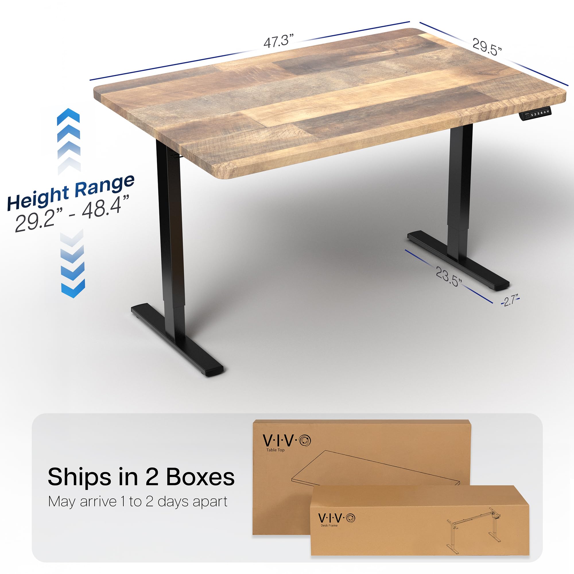 Electric 48 x 30 in Standing Desk, Memory Height Adjustment, 1B Series, Holds 220 lbs, One-Piece Reclaimed Wood Top, Black Frame