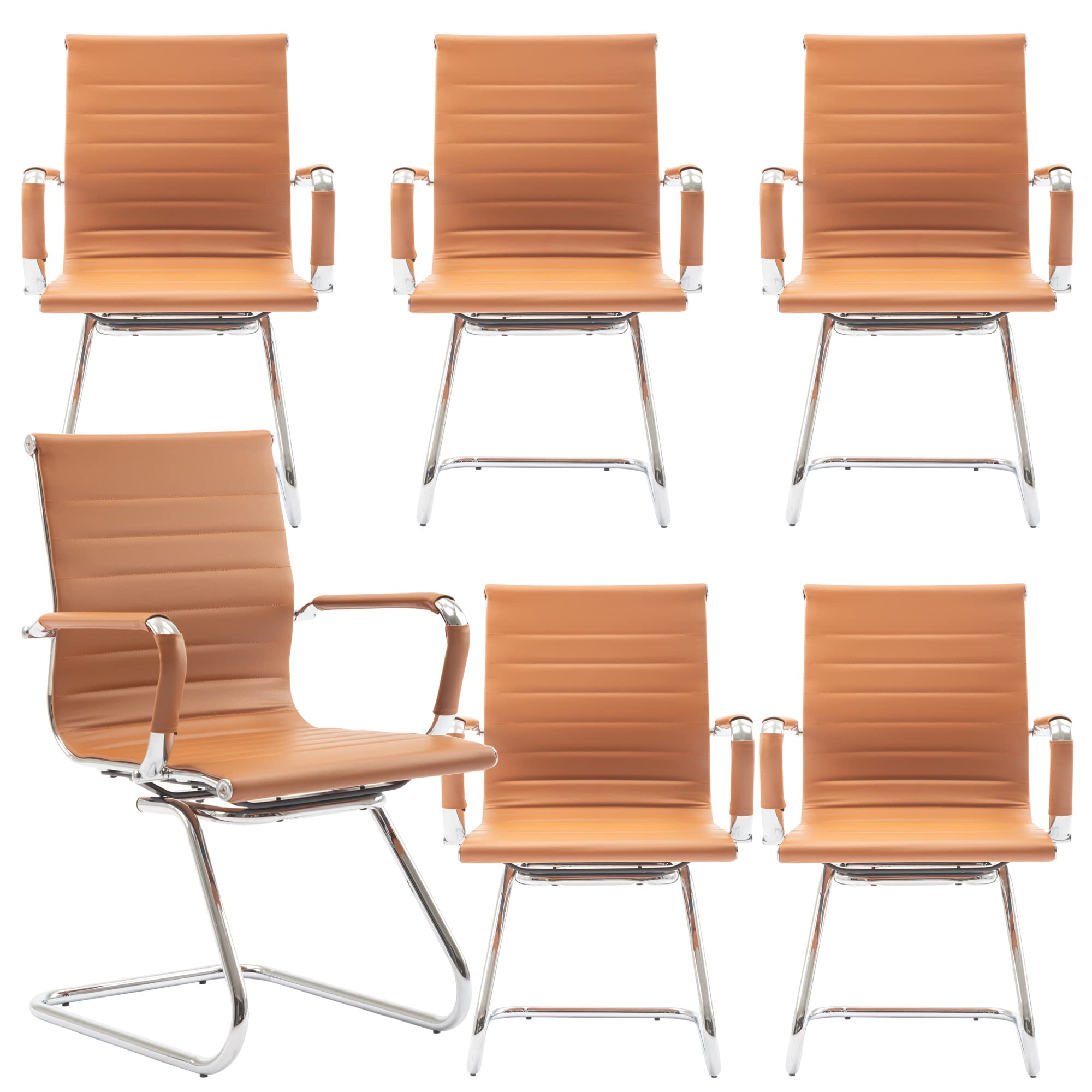Office Desk Chair No Wheels Set of 6 PU Leather Computer Chairs Mid Back Guest Chairs for School Reception Conference Waiting Room, Terracotta