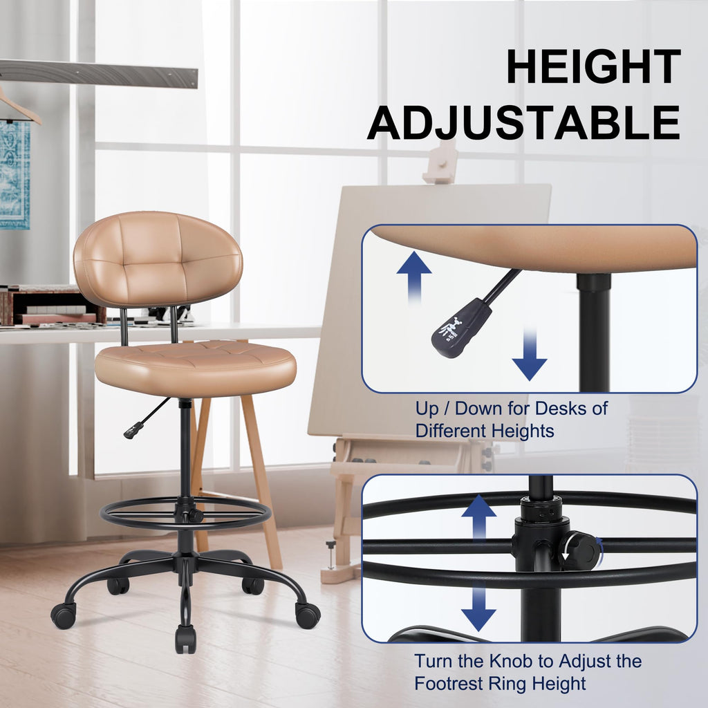 Drafting Chair Without Arms, Tall Office Chair with Footrest Ring for Standing Desk, Small Faux Leather Executive Office Chair with Adjustable Height for Bar Lab Counter Height Desk, Brown