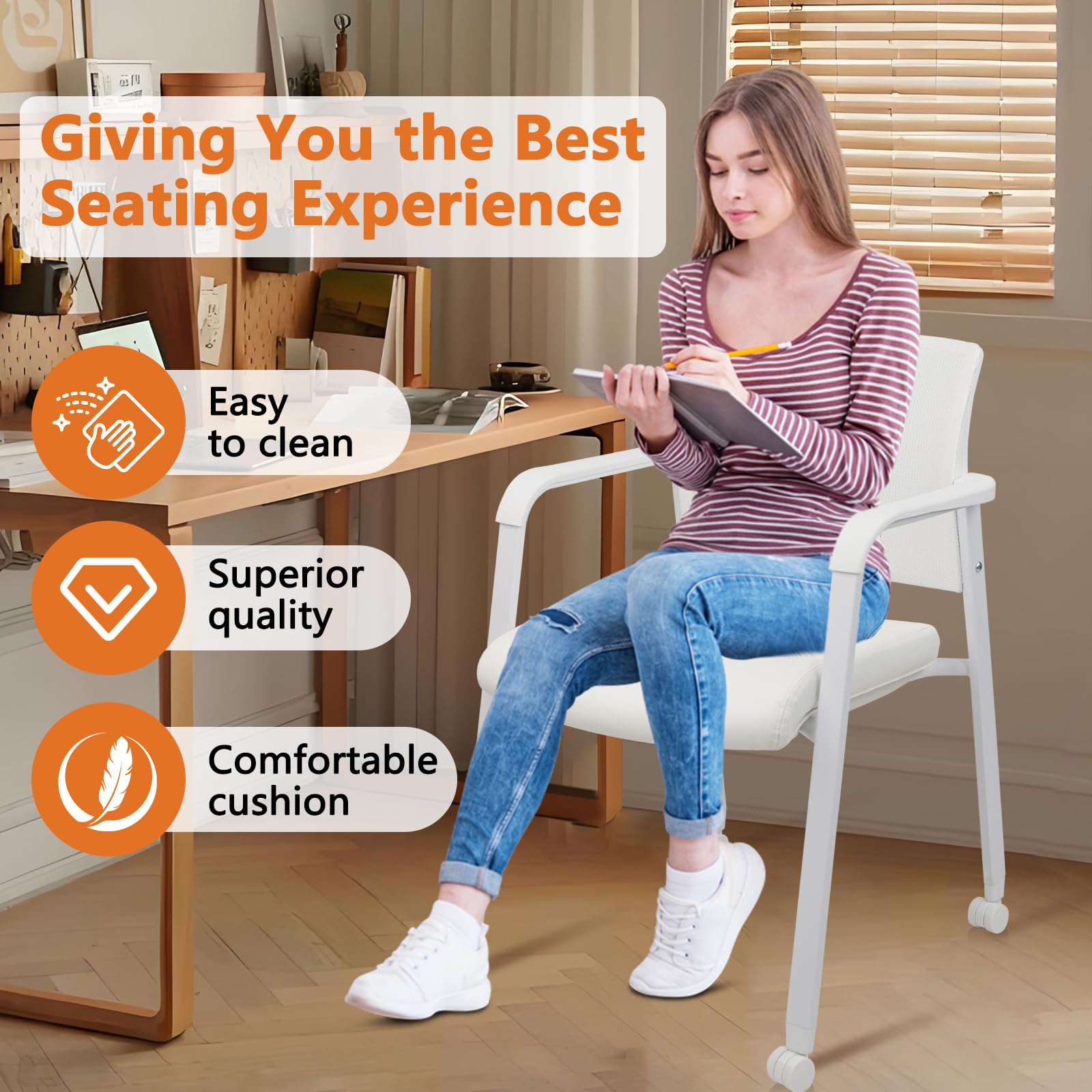 Set of 4, Stacking Office Chairs with Wheels | Mesh Back, Thicken Leather Seat and Streamline Armrests, Ergonomic Lumber Support | School, Desk, Guest Reception, Waiting, Conference | White