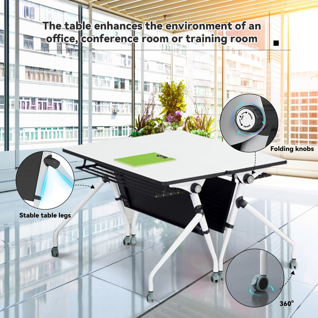 Conference Tables,47.2x23.6x29.5in Modern Folding Conference Room Tables Seminar Mobile Training Tablewith Caster,Modular Flip Top Meeting Table for Office Conference Room (White, 6 Pack)