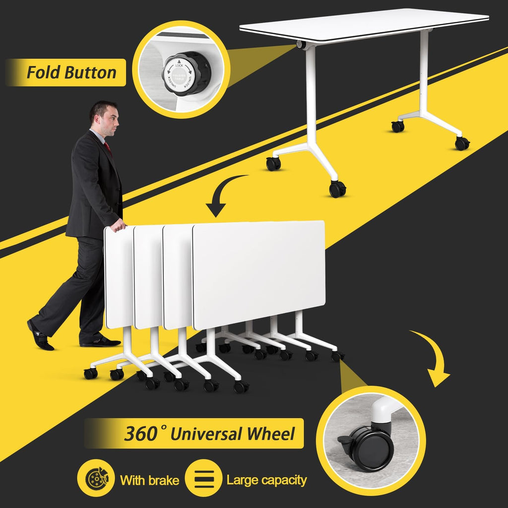 Conference Room Tables White,Folding Rectangular Flip Top Conference Table with Wheels for Large Meeting Seminar Home Office Classr (2, White, 70.8in)