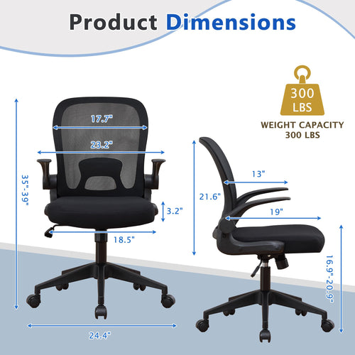 (2PCS Black) Foldable Office Chair for Small Spaces | Home Office Folding Desk Chairs with Wheels and Flip Up Arms | Ergonomic Mesh Computer Chair for Adults & Kids