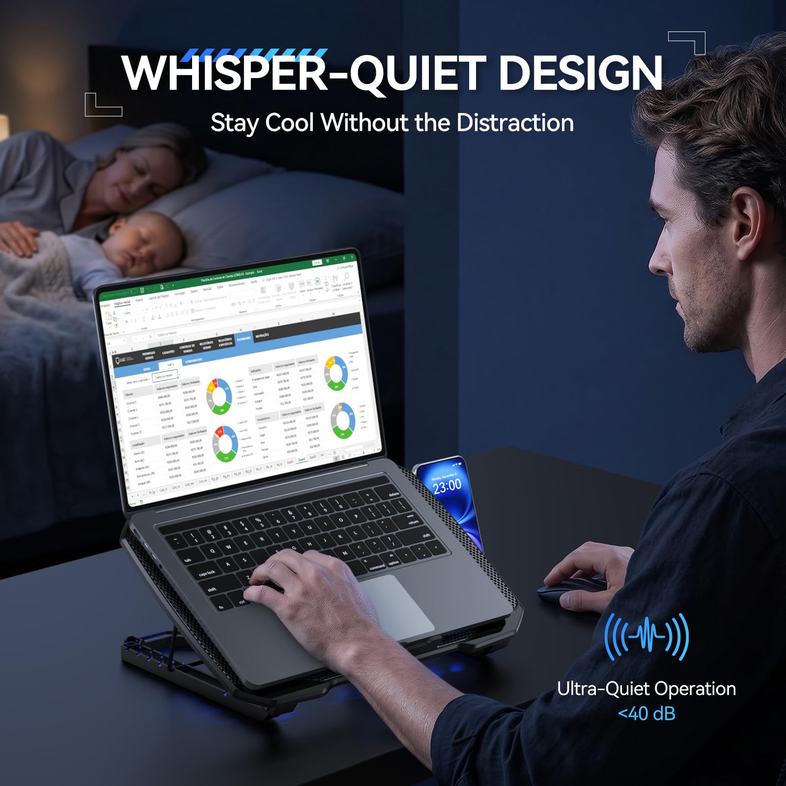 Laptop Cooling Pad with Phone Stand, 9 Quiet Fans with LED Lights, 5 Height Adjustable & 2 USB Ports, Stepless Speed Control to 2600 RPM Laptop Cooler, Laptop Cooling Stand for 12-17.3 Inch