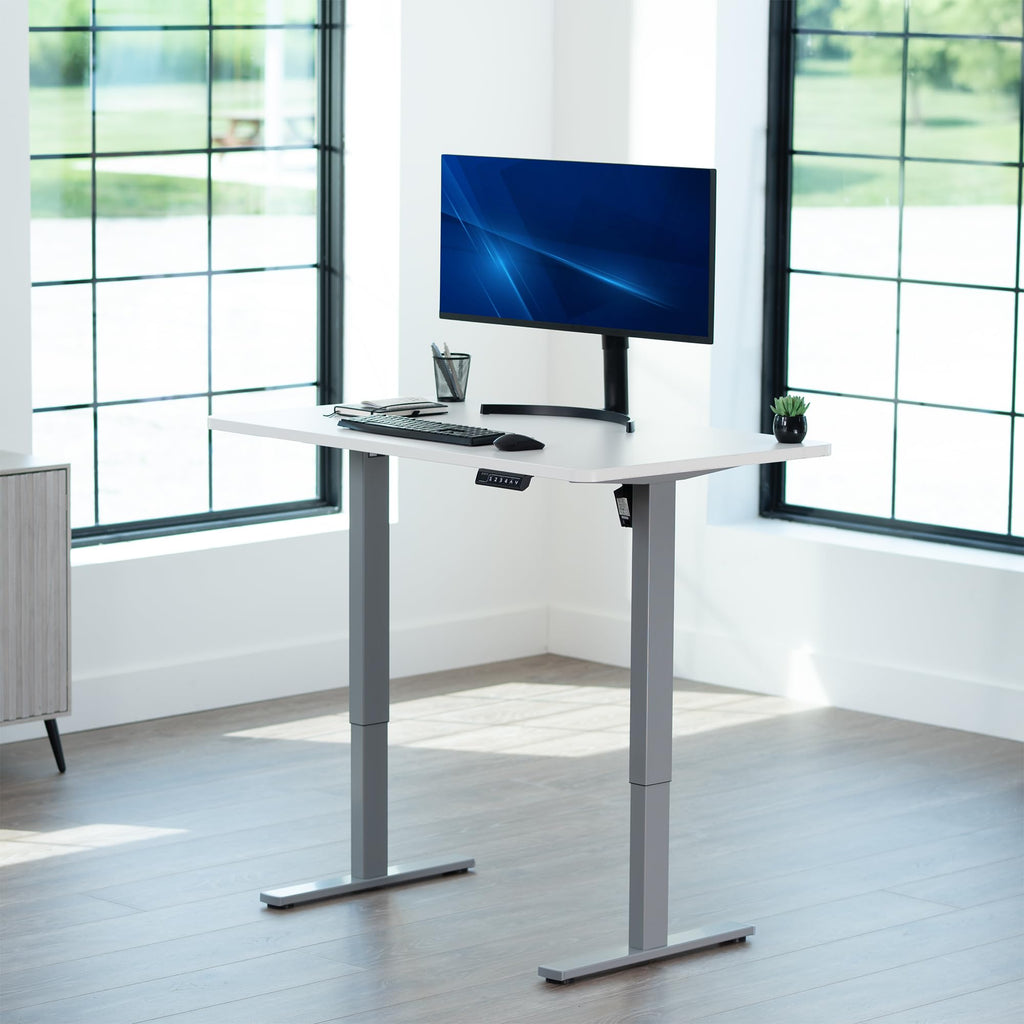 Electric 48 x 30 in Standing Desk, Memory Height Adjustment, 1B Series, Holds 220 lbs, One-Piece White Top, Gray Frame